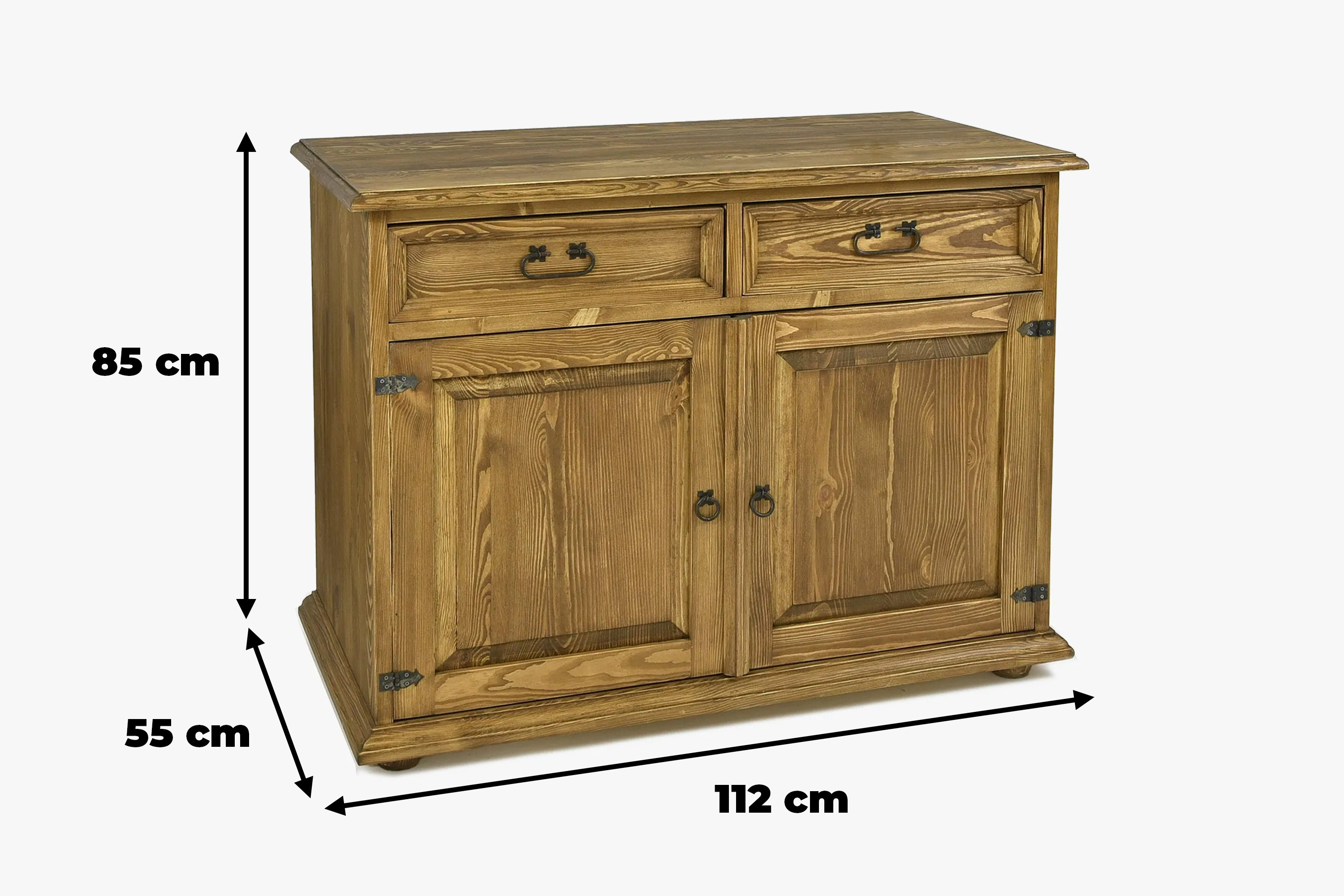A Venkov sorozat rusztikus hálószobai komódjának méretei – magasság 85 cm, szélesség 112 cm, mélység 55 cm