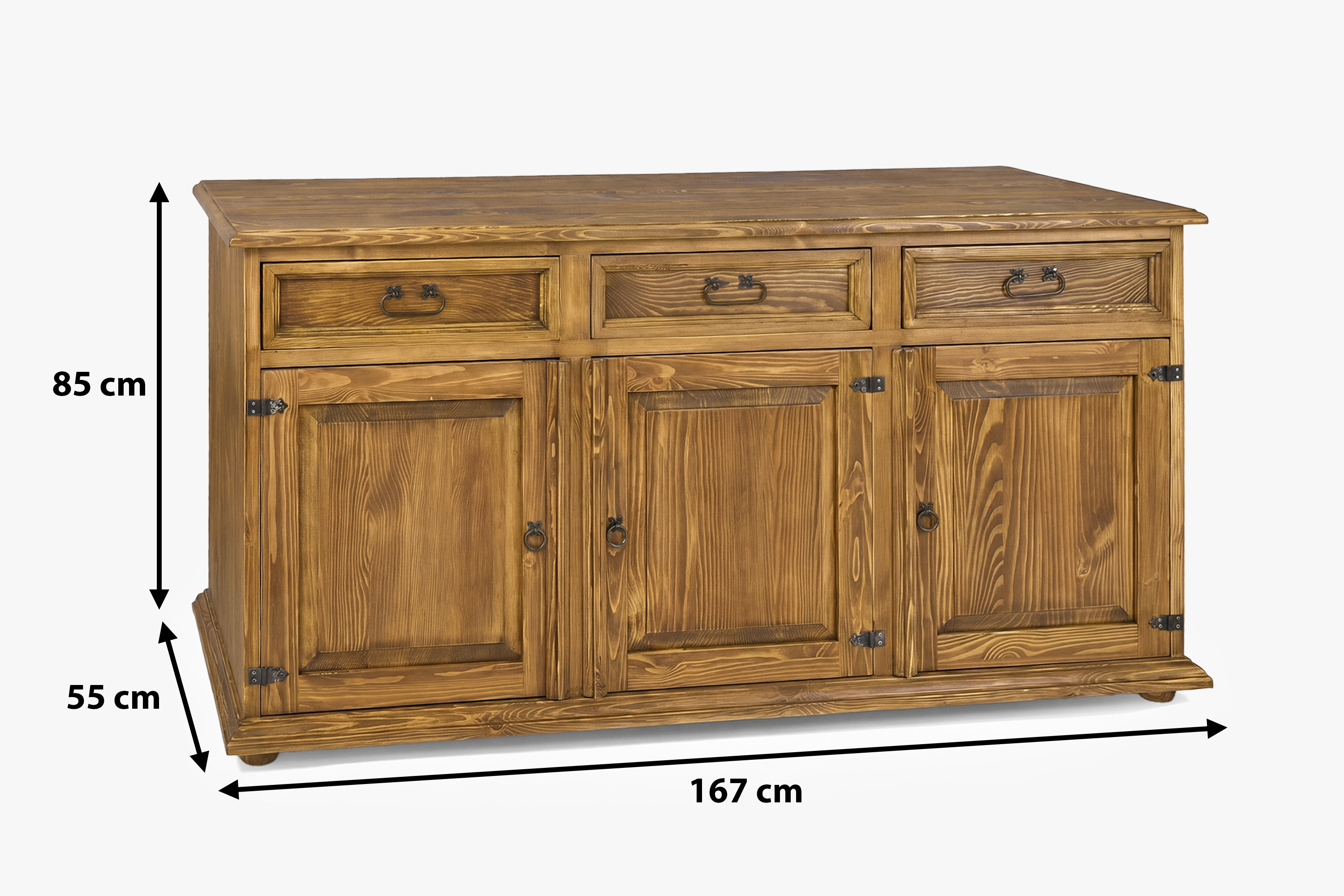 Rozmery rustikálnej komody do spálne série Venkov – výška 85 cm, šírka 167 cm, hĺbka 55 cm
