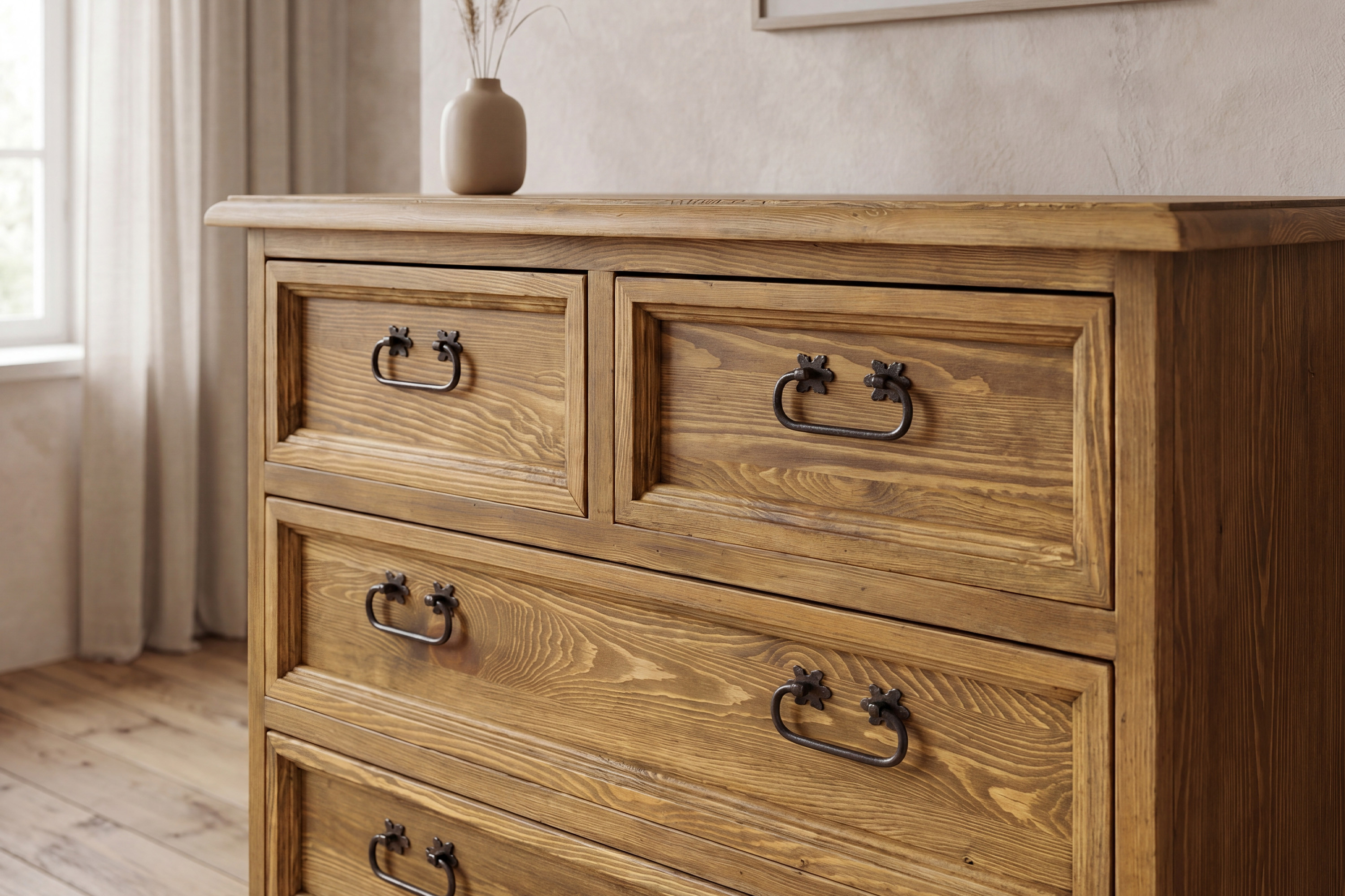 Rustikálna voskovaná komoda TOP s piatimi zásuvkami a kovanými úchytkami