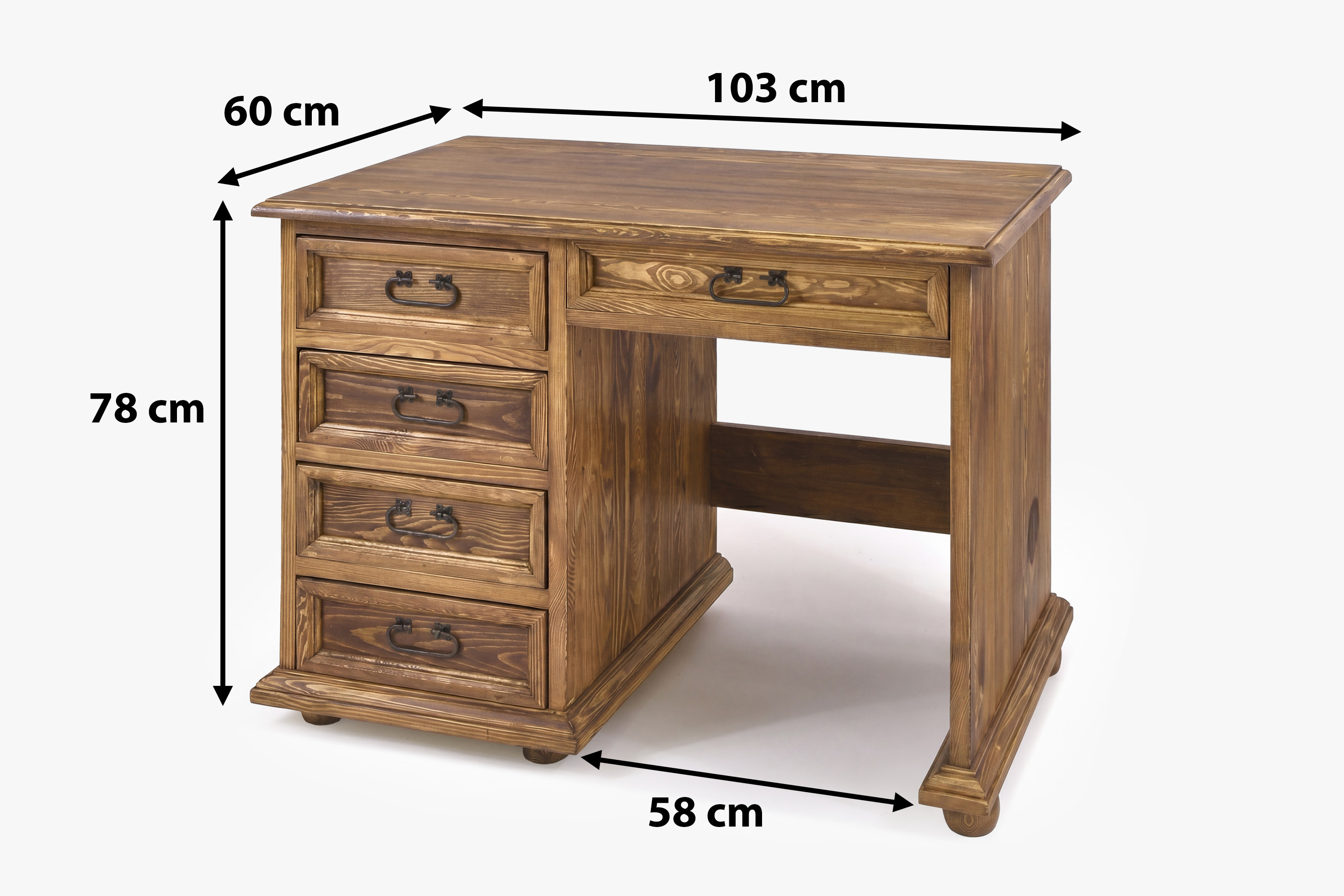 Rozmery rustikálneho pracovného stola – výška 78 cm, šírka 103 cm, hĺbka 60 cm, priestor na nohy 58 cm