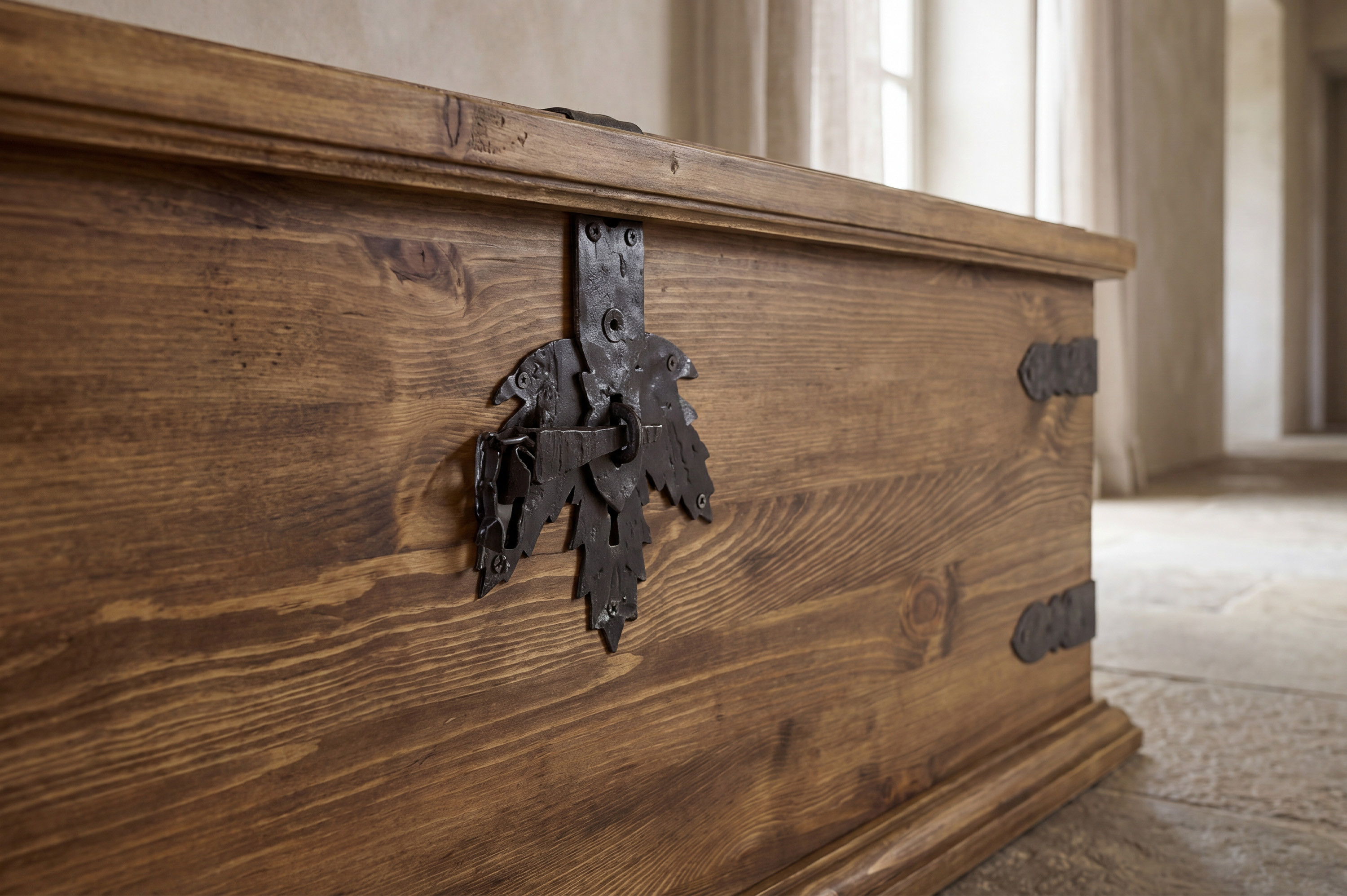 Rustikálna drevená truhla s ručne kovanou výbavou