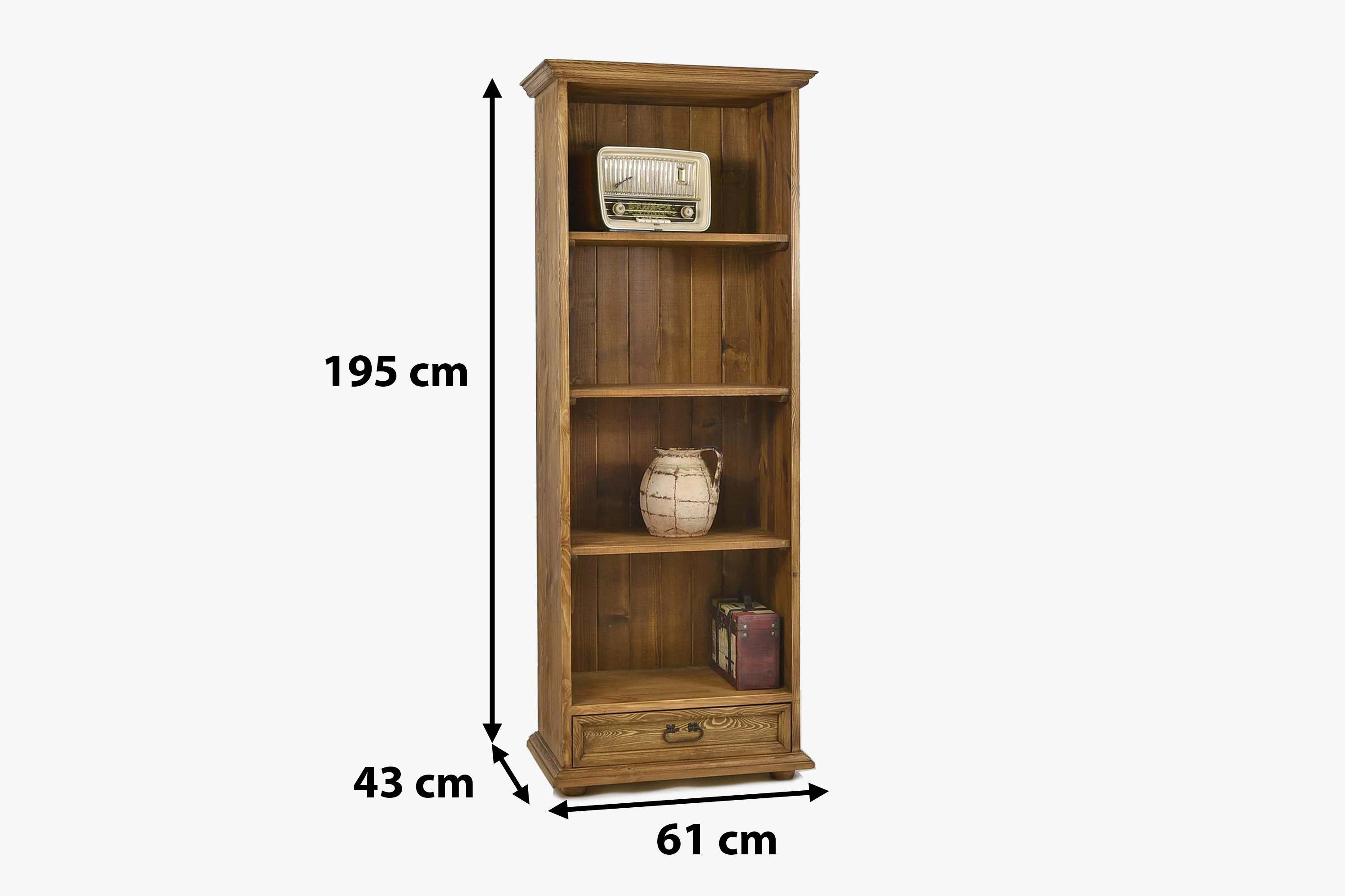 Rozmery rustikálneho regálu do jedálne – výška 195 cm, šírka 61 cm, hĺbka 43 cm