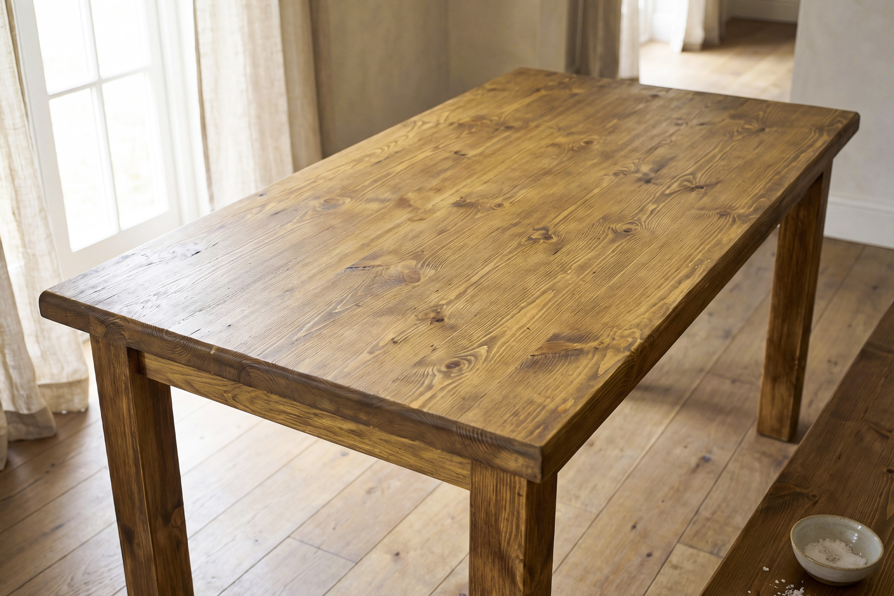 Detail masívnej dosky jedálneho stola vo francúzskom vidieckom štýle