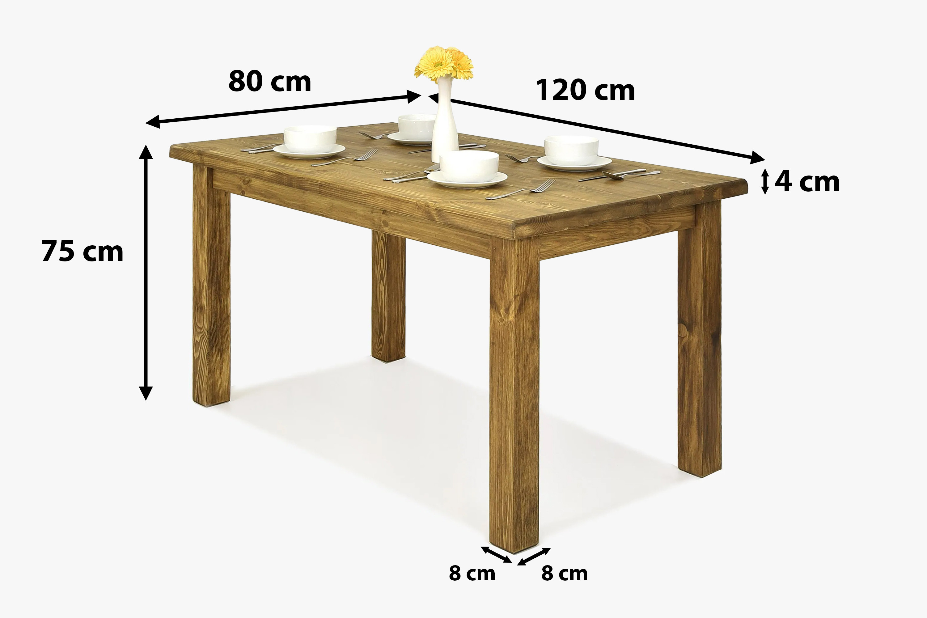 Rozmery jedálneho stola selský štýl – dĺžka 120 cm, šírka 80 cm, výška 75 cm