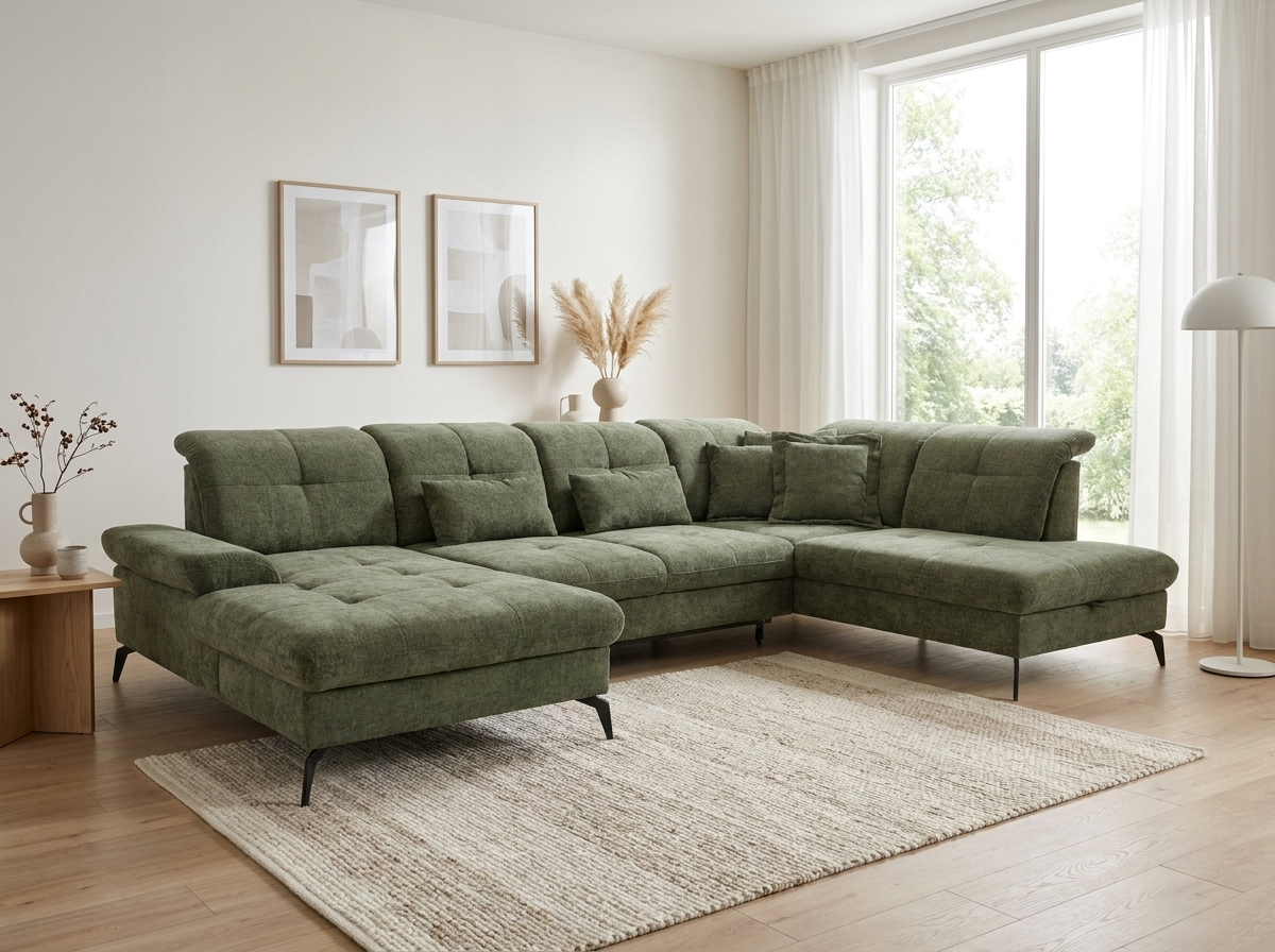 Sedacia súprava Amica U v látke Julia olive – moderná čalúnená sedačka do U