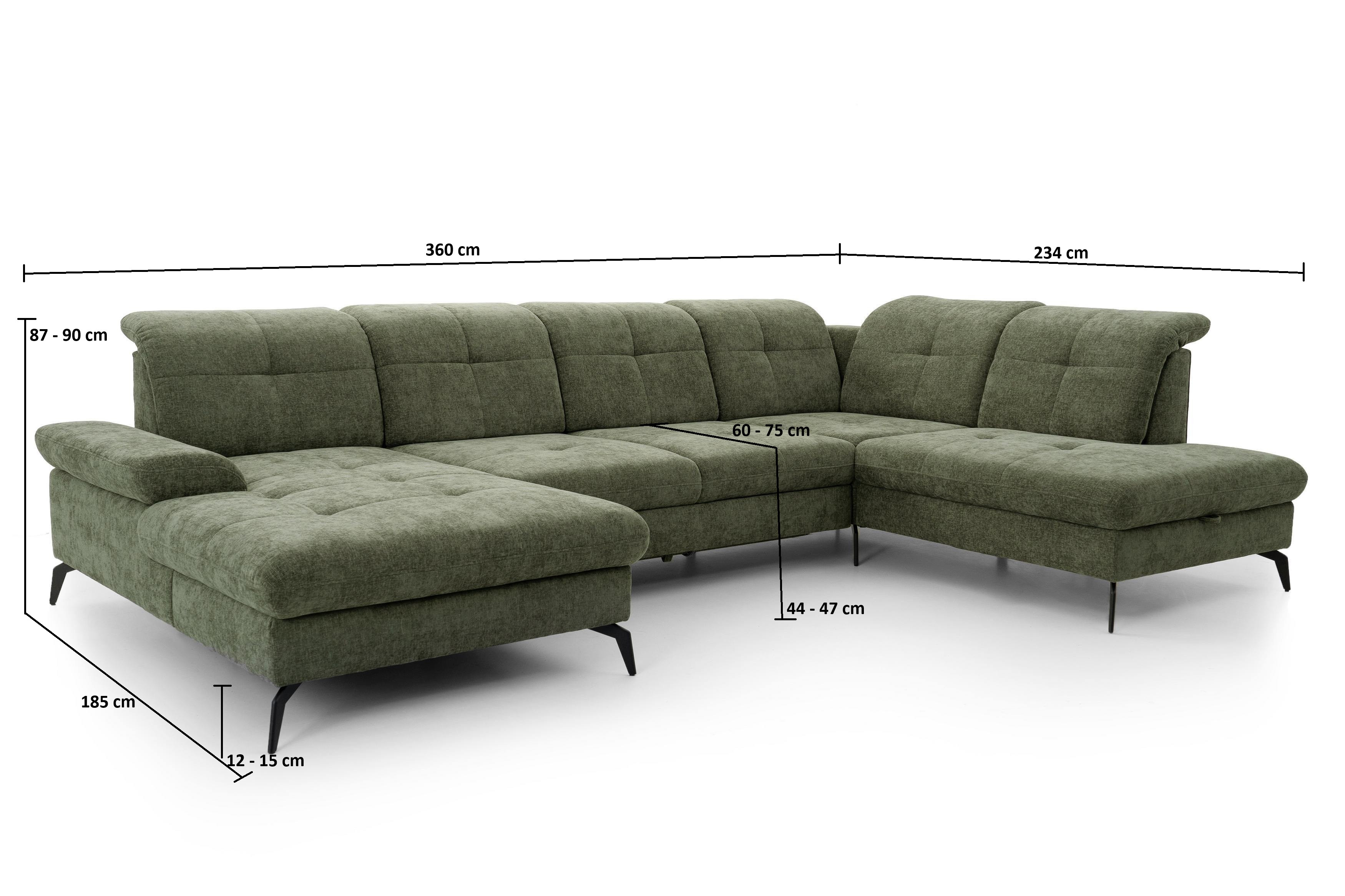 Rozmery sedacej súpravy Amica U – 185 × 360 × 234 cm
