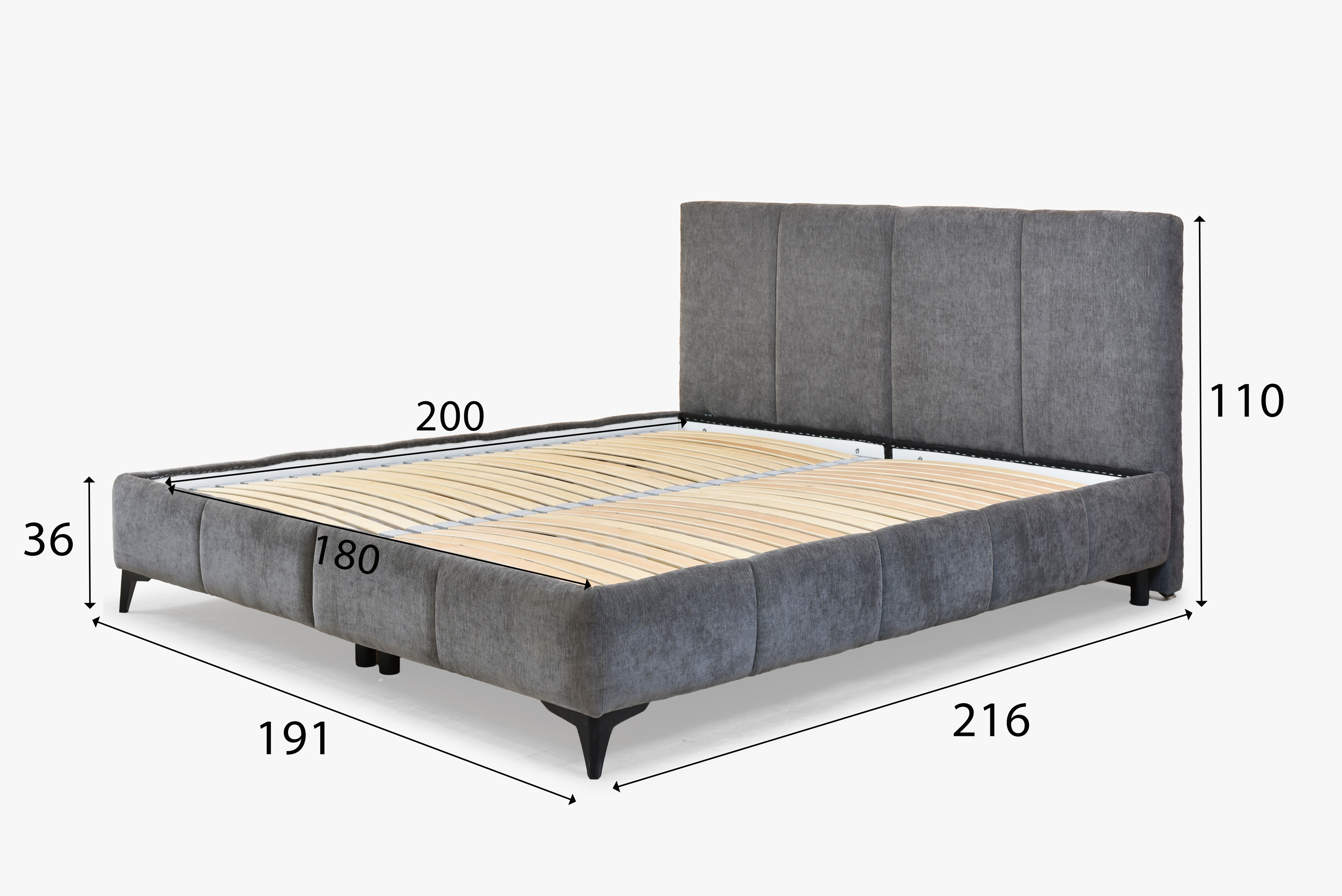 Rozmery postele Atena 180x200 – dĺžka 216 cm, šírka 191 cm, výška čela 110 cm, výška rámu 36 cm