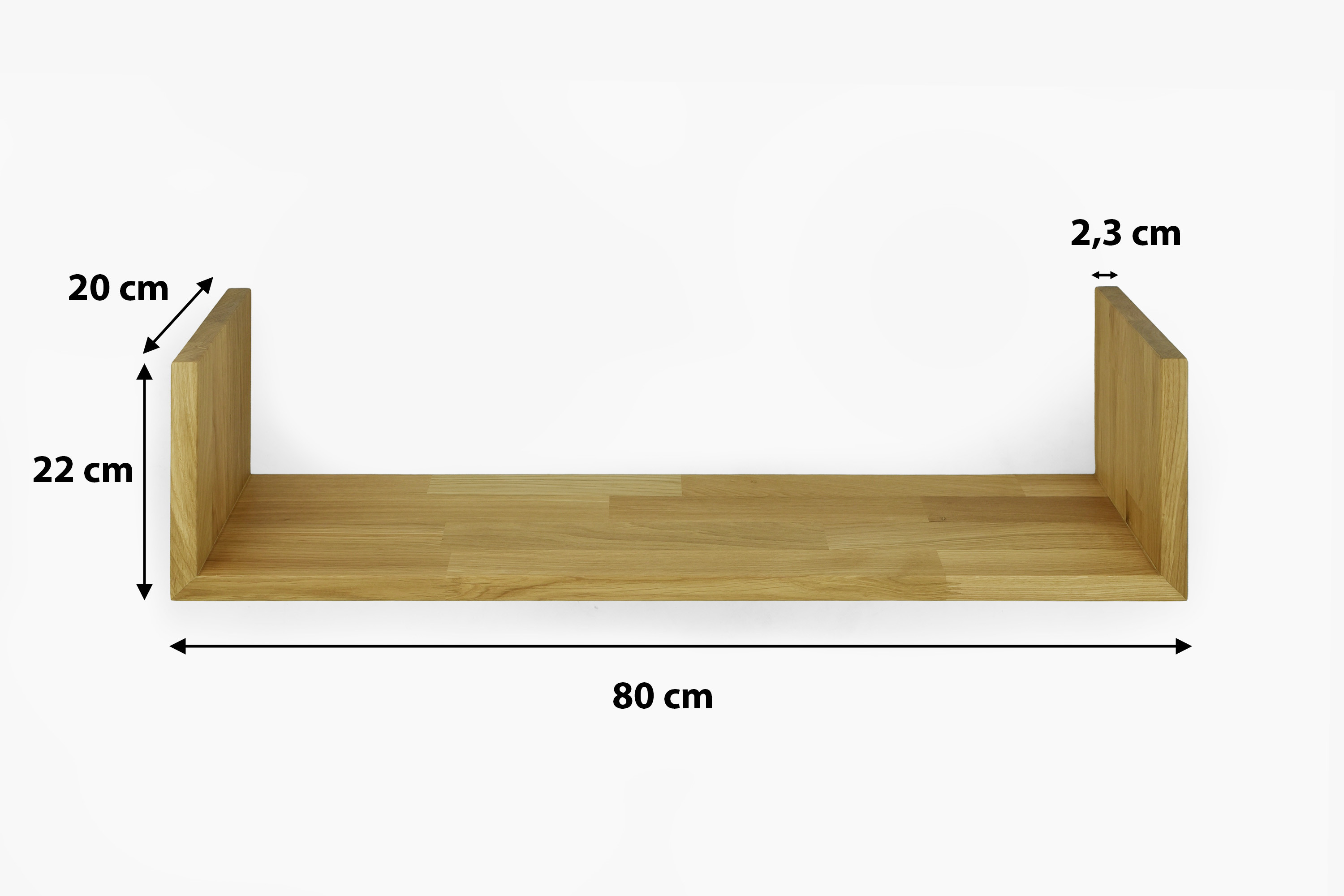 Dubová polica Hugo rozmery – dĺžka 80 cm, hĺbka 20 cm, výška 22 cm, hrúbka steny 2,3 cm