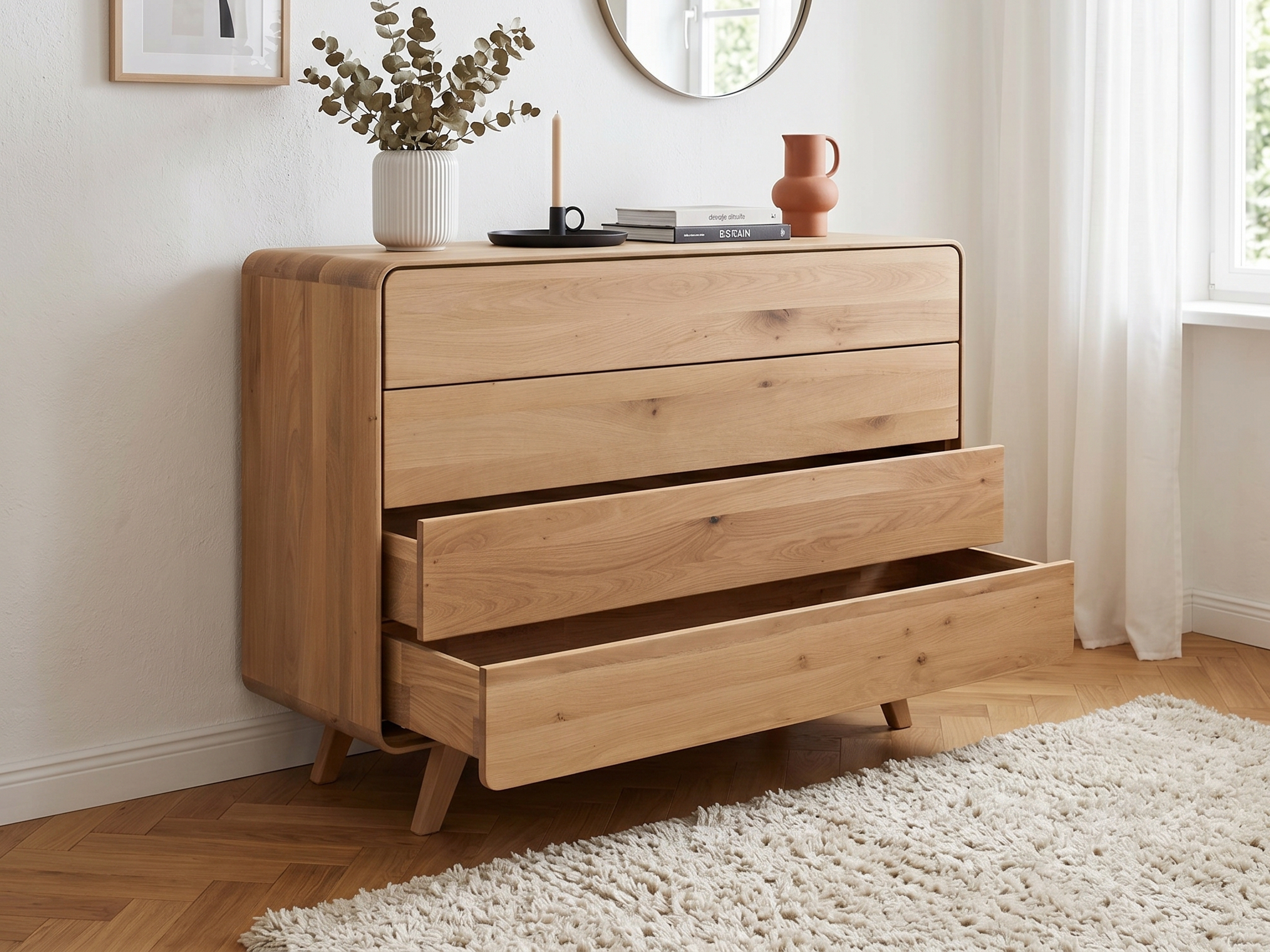 Fehér tölgyfa komód 4 fiókkal, lábakon – lekerekített, 120 cm széles