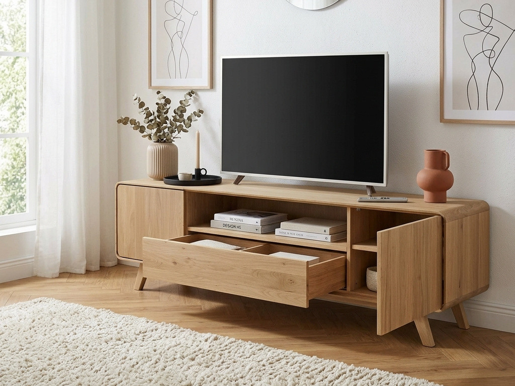 Fa TV komód, fehér tölgy lábakon, lekerekített