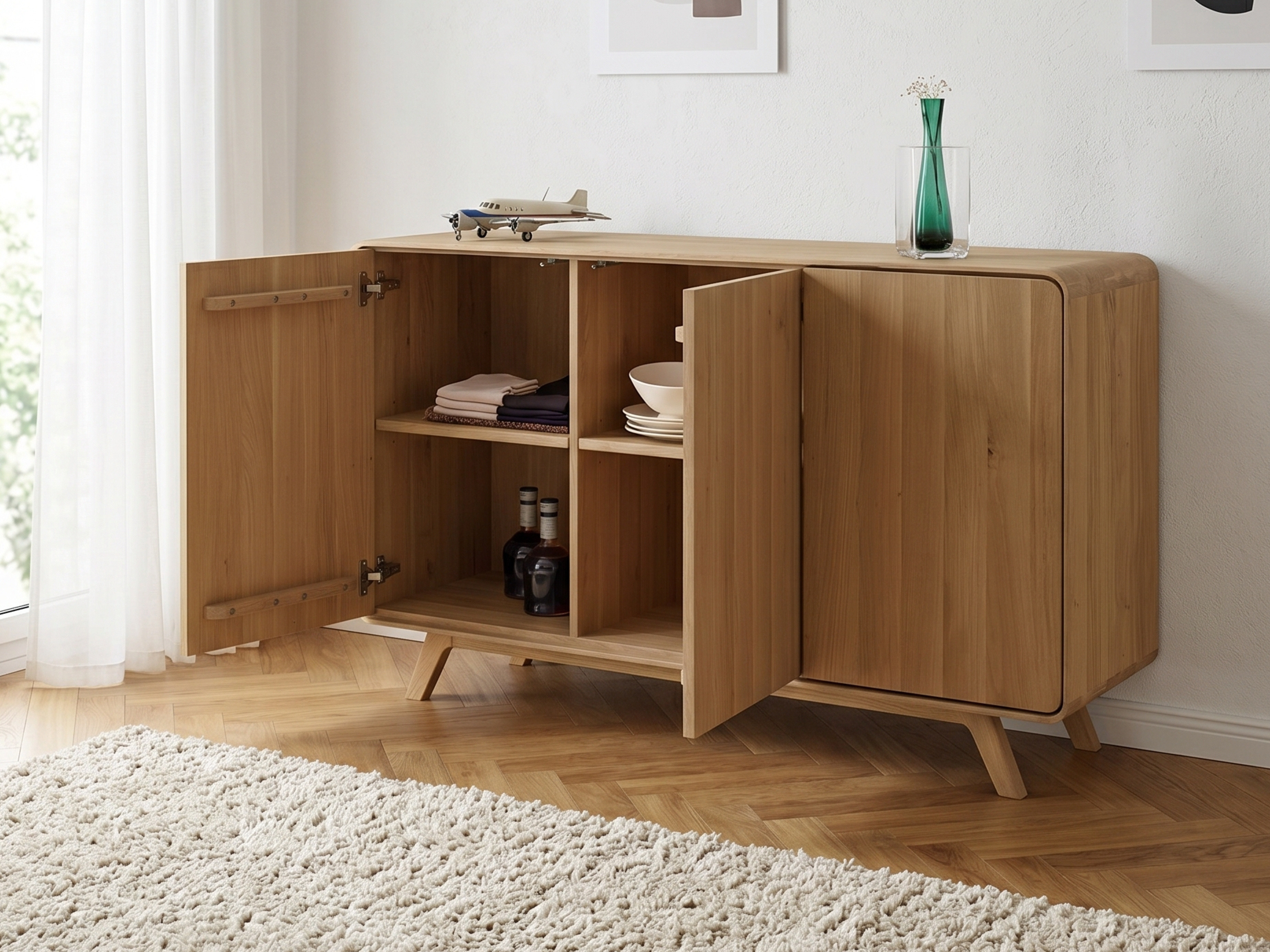 Fehér tölgyfa komód ajtókkal, lábakon - lekerekített