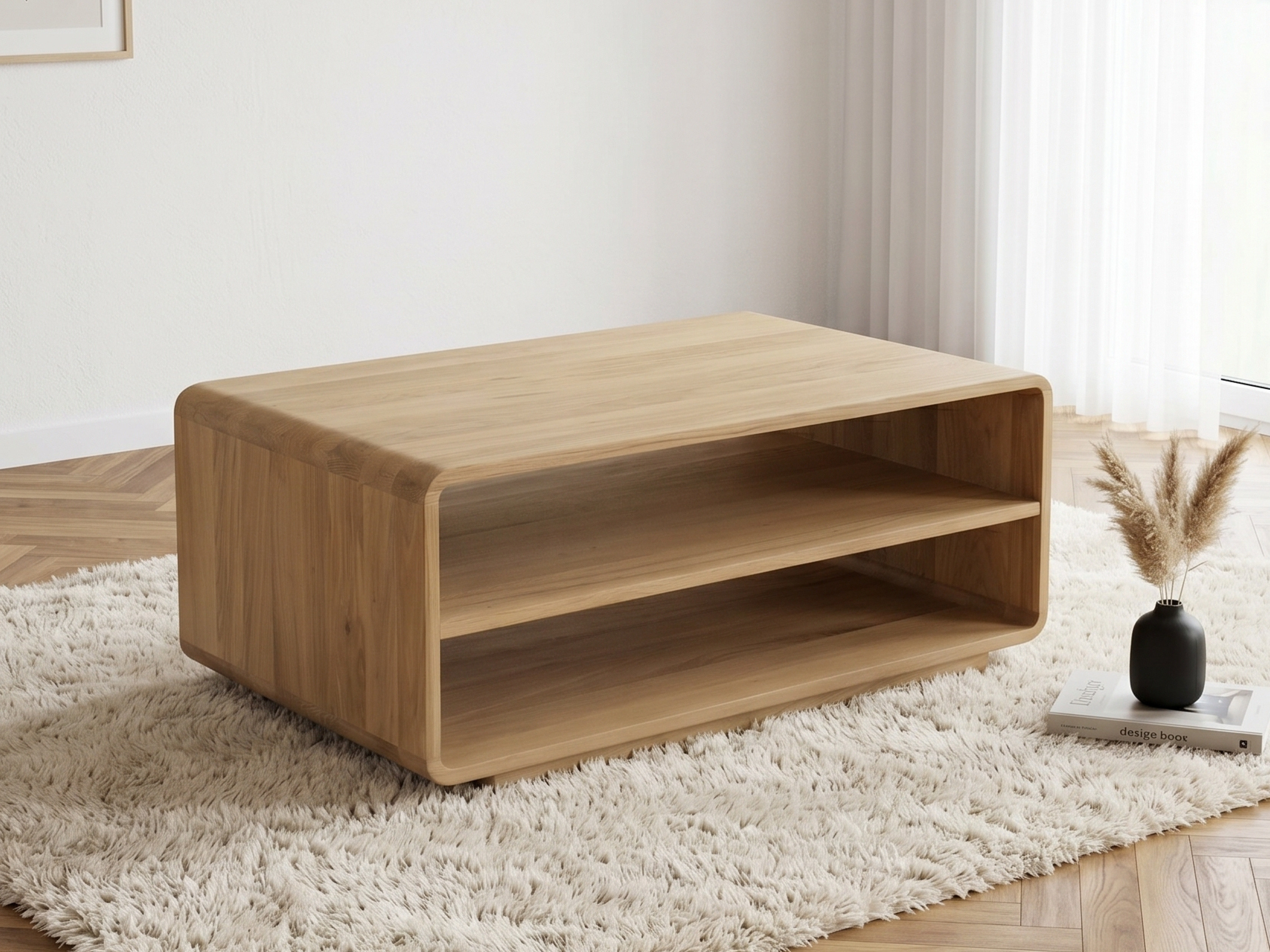 Abgerundeter Holzescher Couchtisch, weißer Eichenfarbton auf Füßen