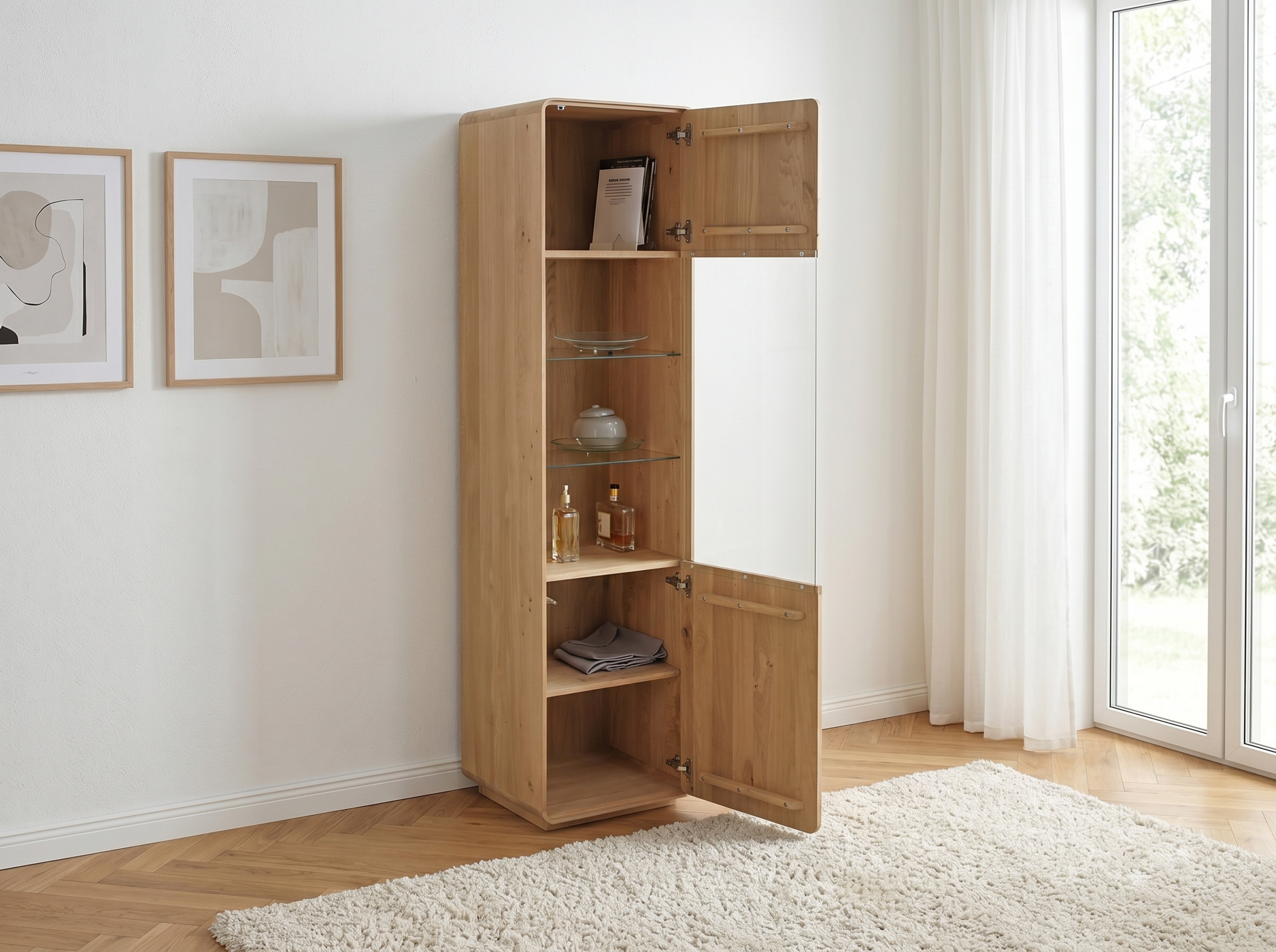 Egyajtós tölgy vitrines szekrény, fehér tölgy, Avalon kollekció