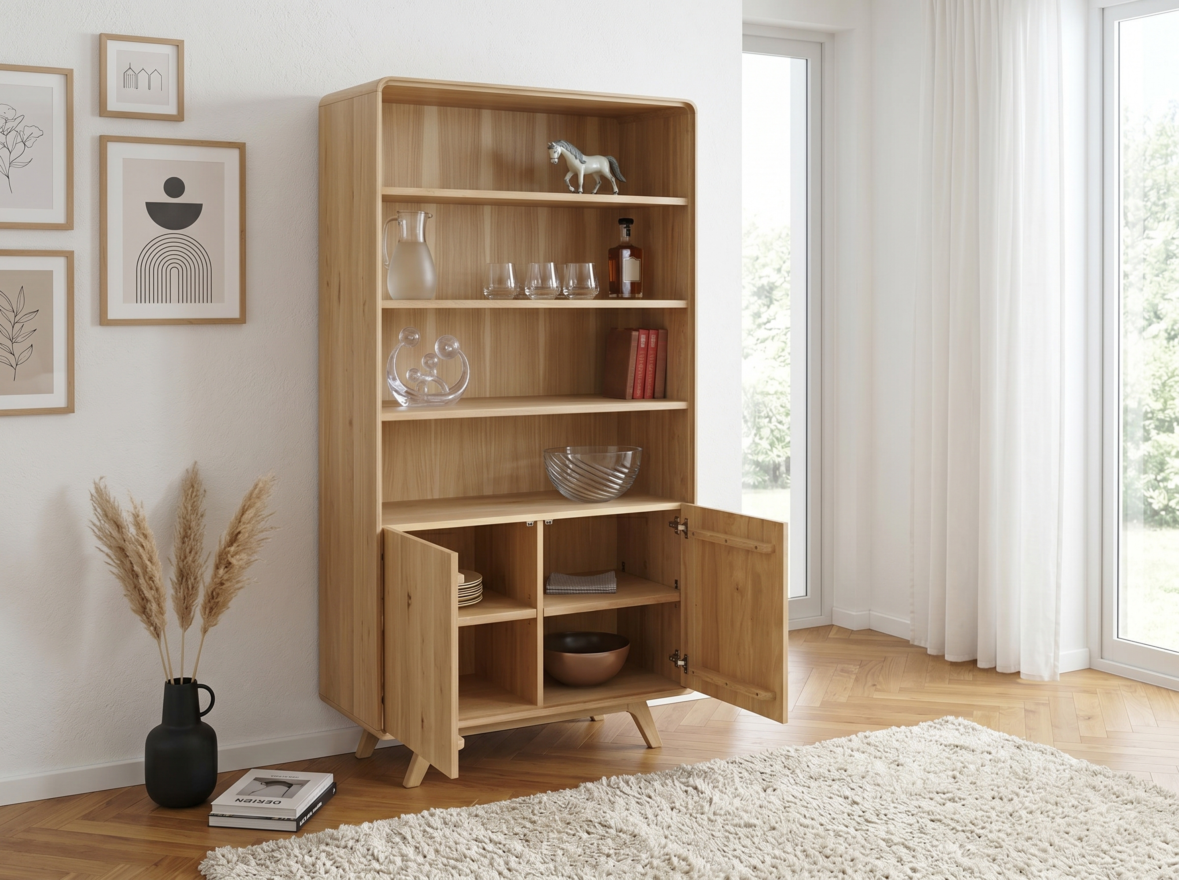 Fa lábú, ajtós tölgyfa polc fehér tölgy színben, Avalon kollekció