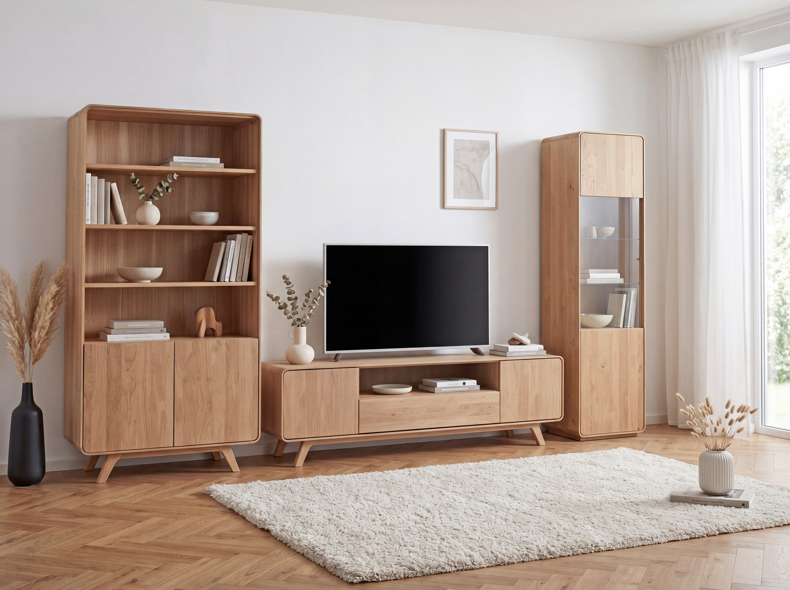 Holzwohnwand in der Farbe massiv weißer Eiche auf Füßen – abgerundet