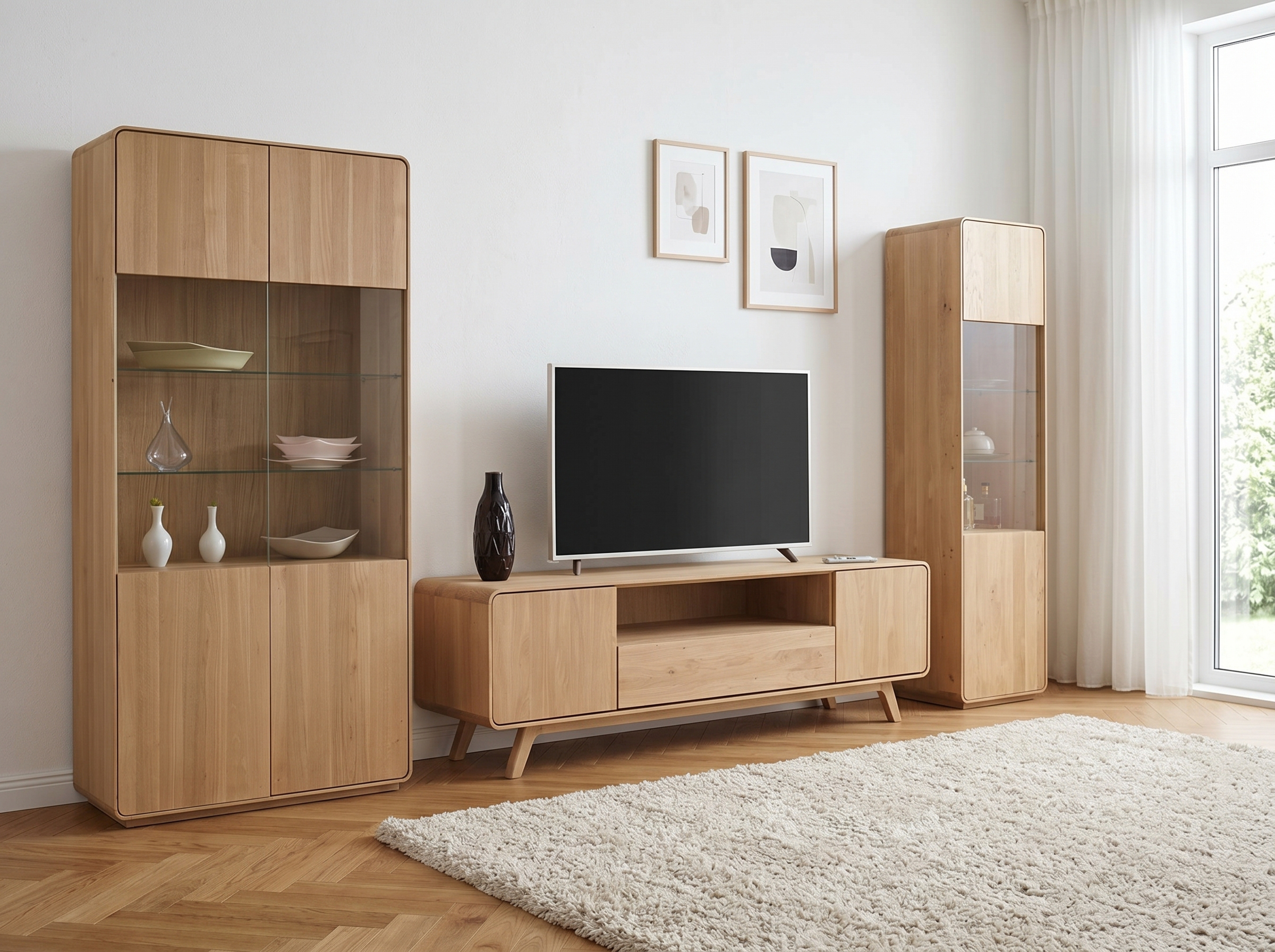 Massive Wohnwand in Farbe Massiv Eiche weiß auf Füßen - abgerundet