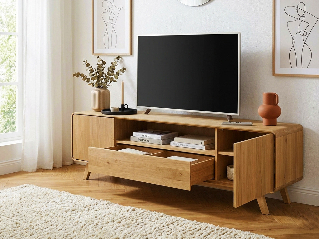 Drevená televízna komoda dub natural Avalon so zaoblenými hranami
