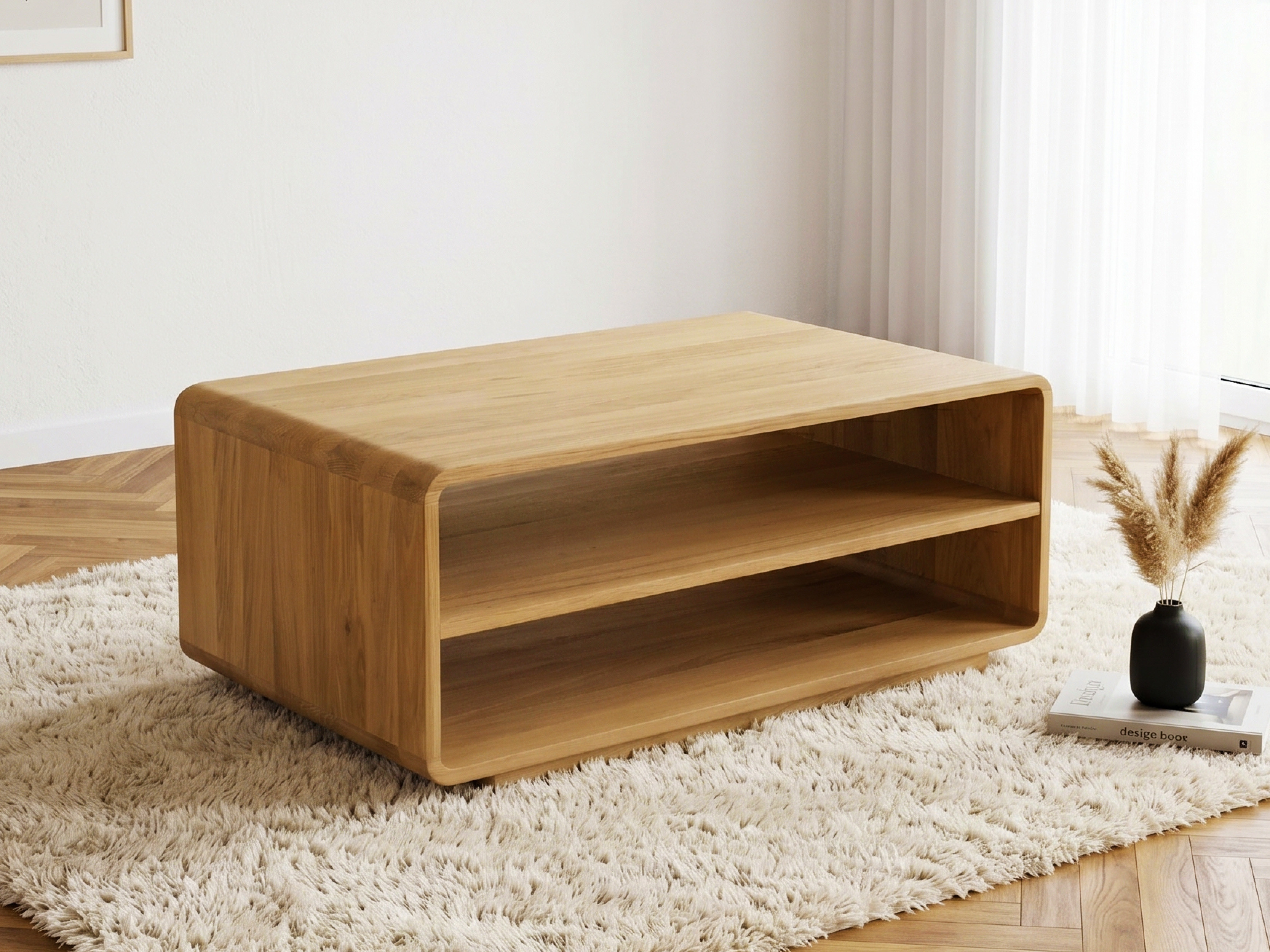 Dubový konferenčný stolík Avalon so zaoblenými hranami a odkladacími policami