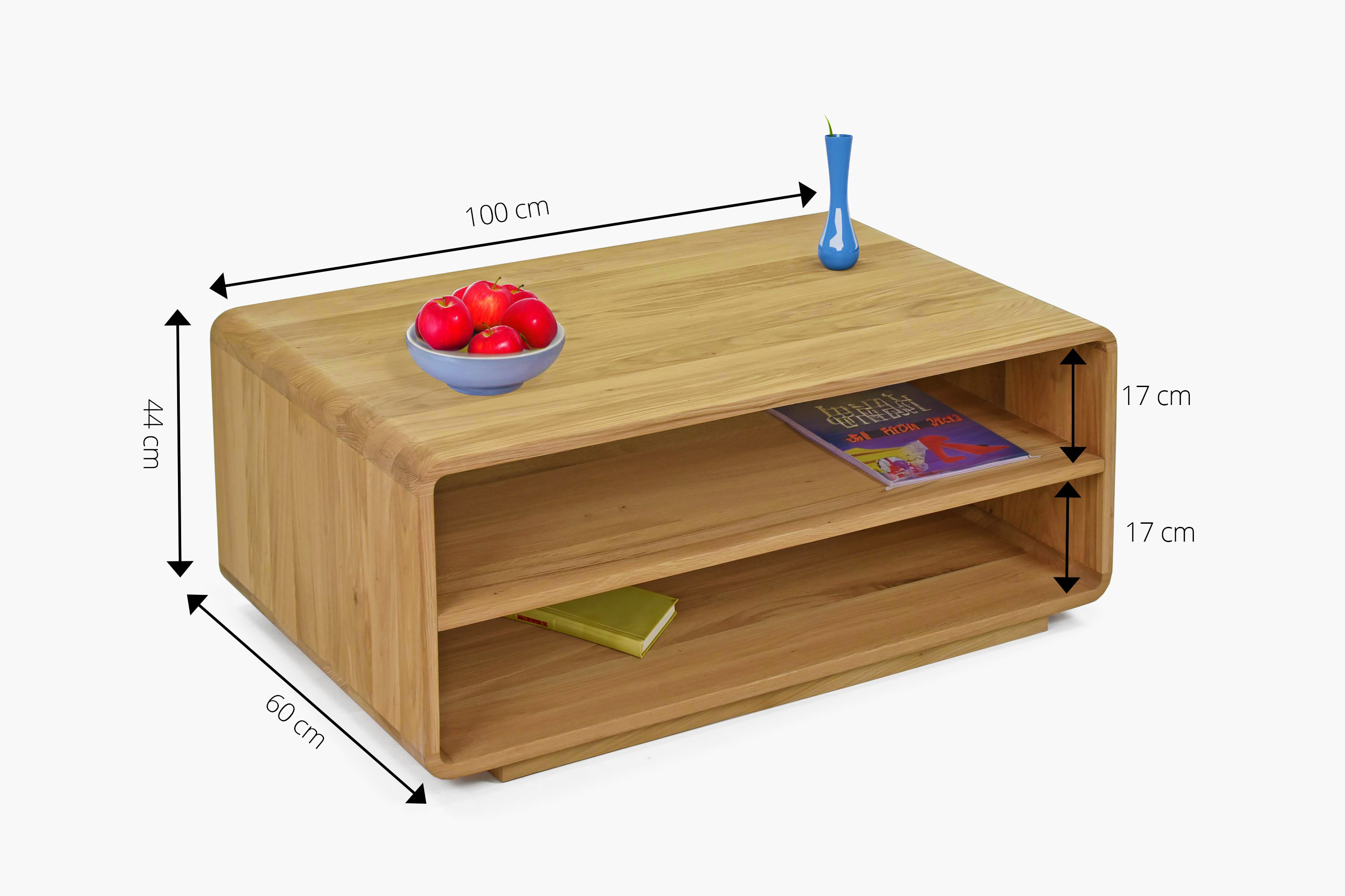 Masívny dubový konferenčný stolík Avalon 100 x 60 x 44 cm - rozmery a technický nákres