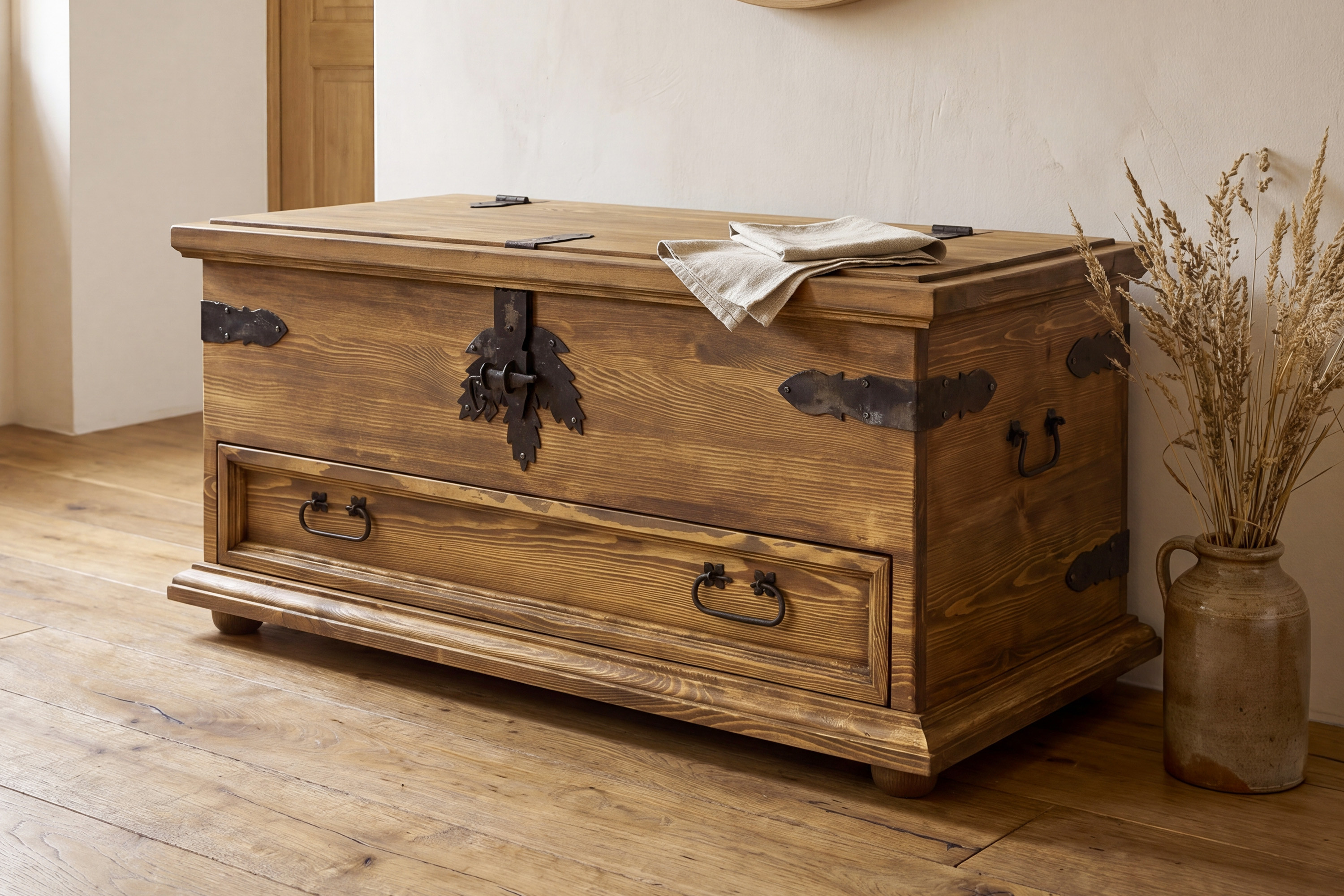 Drevená truhlica na topánky vo francúzskom štýle s ručne kutým kovaním