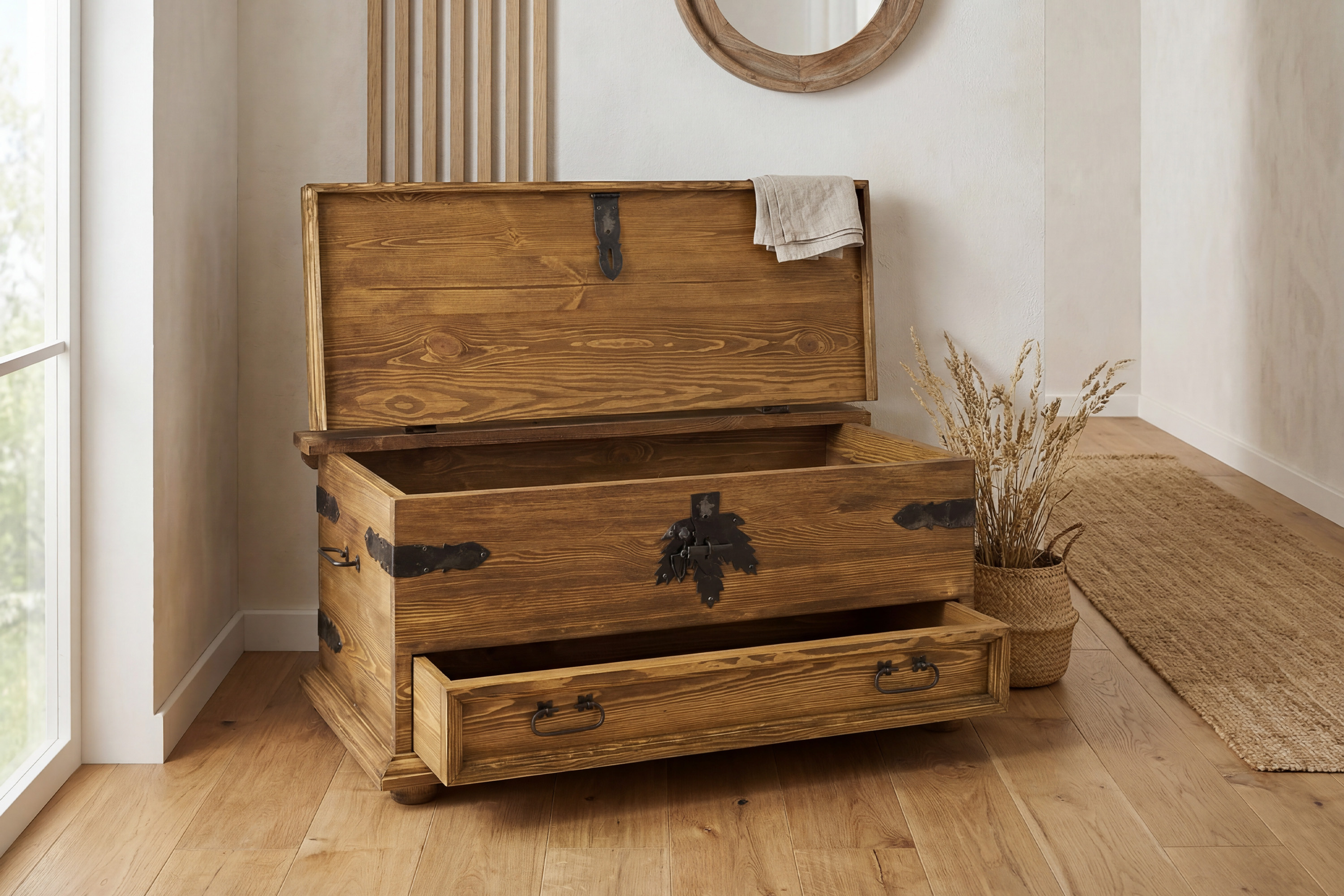 Rustikálna truhlica na topánky z borovicového dreva v tmavohnedom odtieni