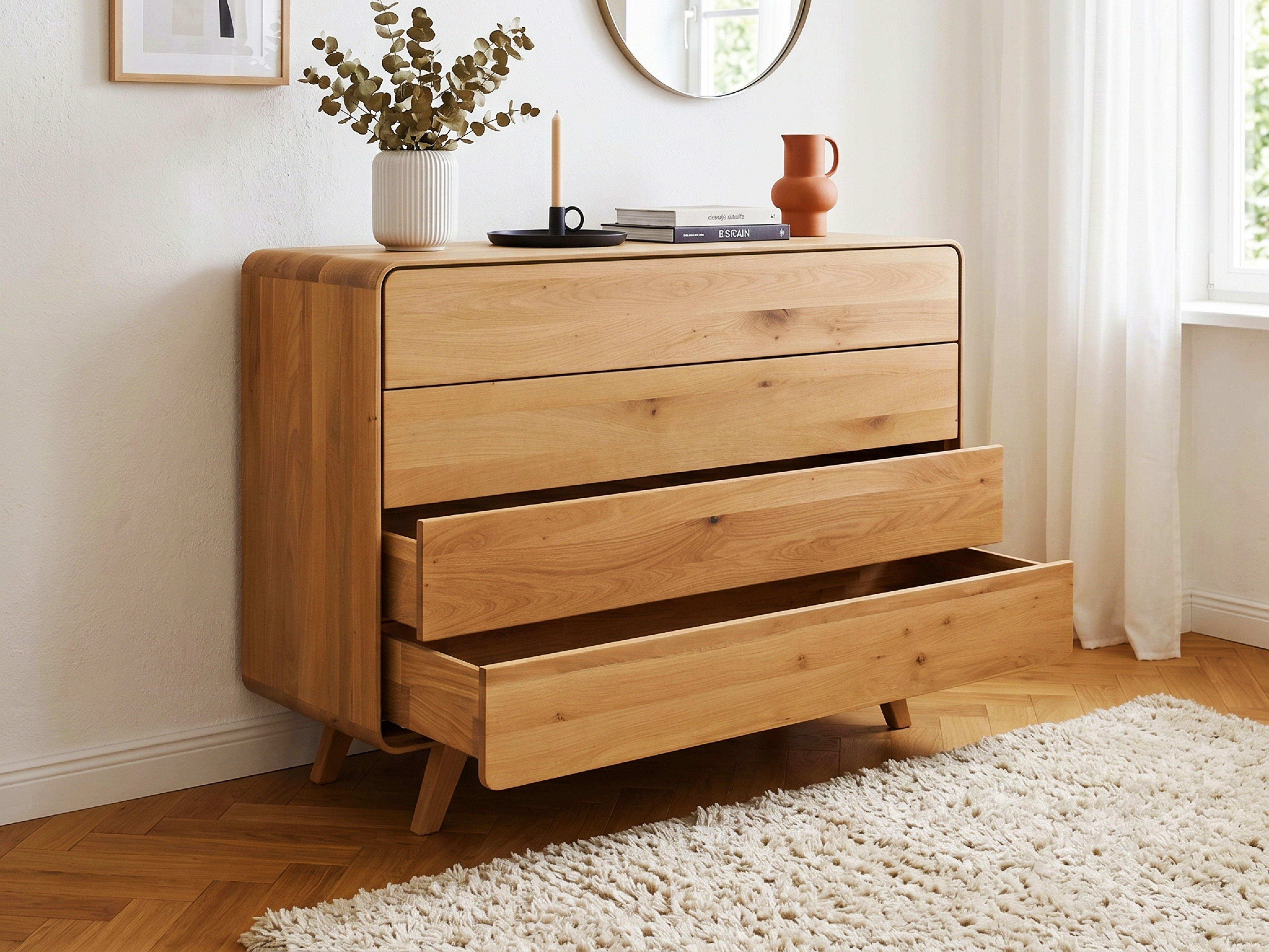 Dubová komoda Avalon so 4 zásuvkami a soft-close na drevených nohách