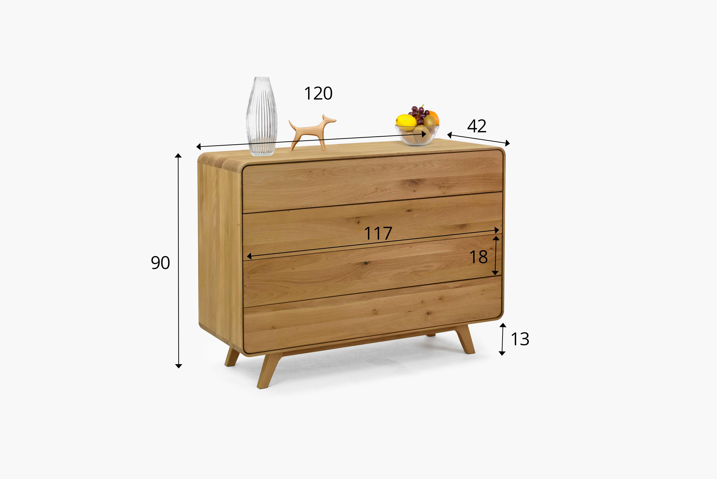 Masívna dubová komoda Avalon 120 x 42 x 90 cm - rozmery a technický nákres