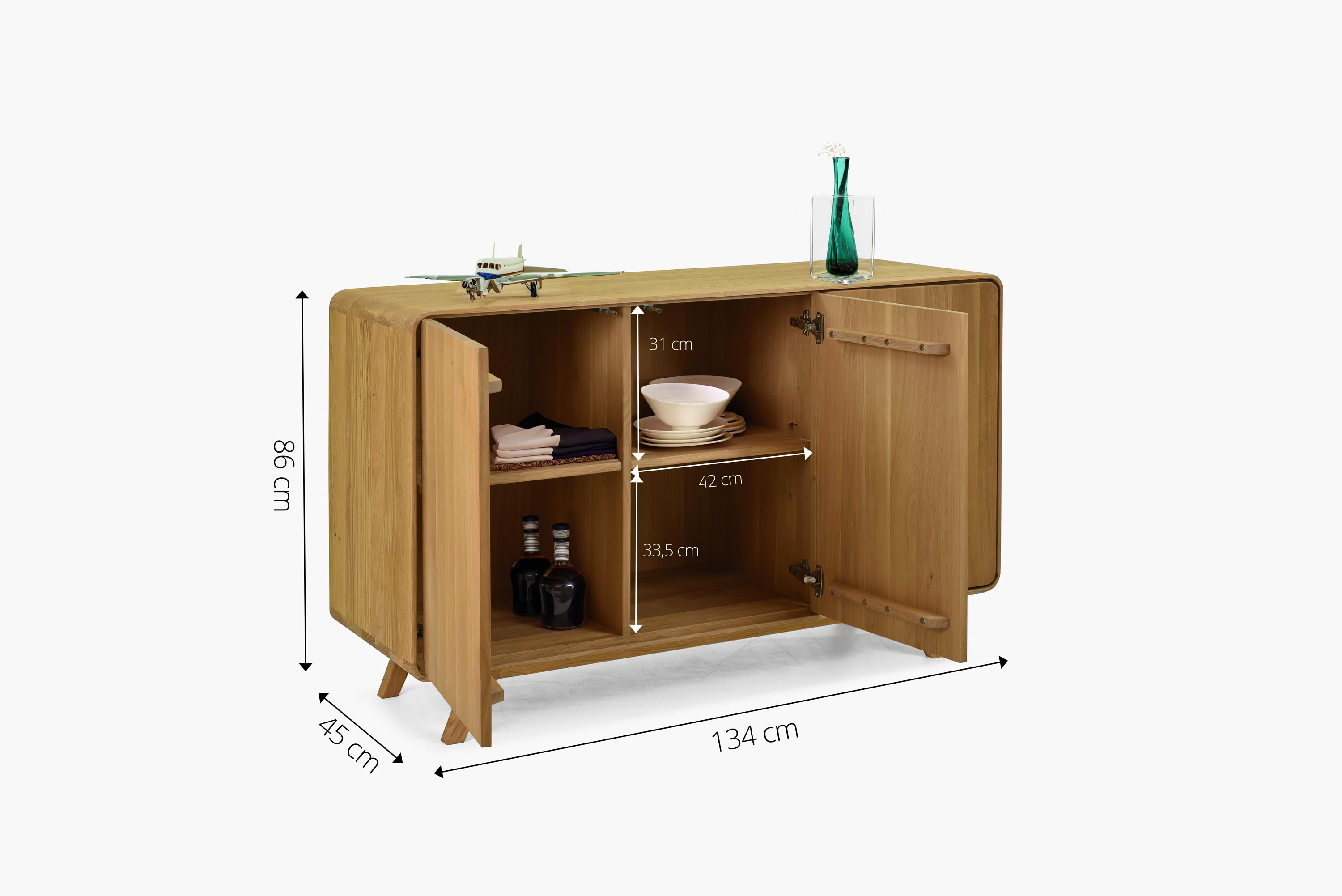 Masívna dubová komoda Avalon 134 x 45 x 86 cm - rozmery a technický nákres