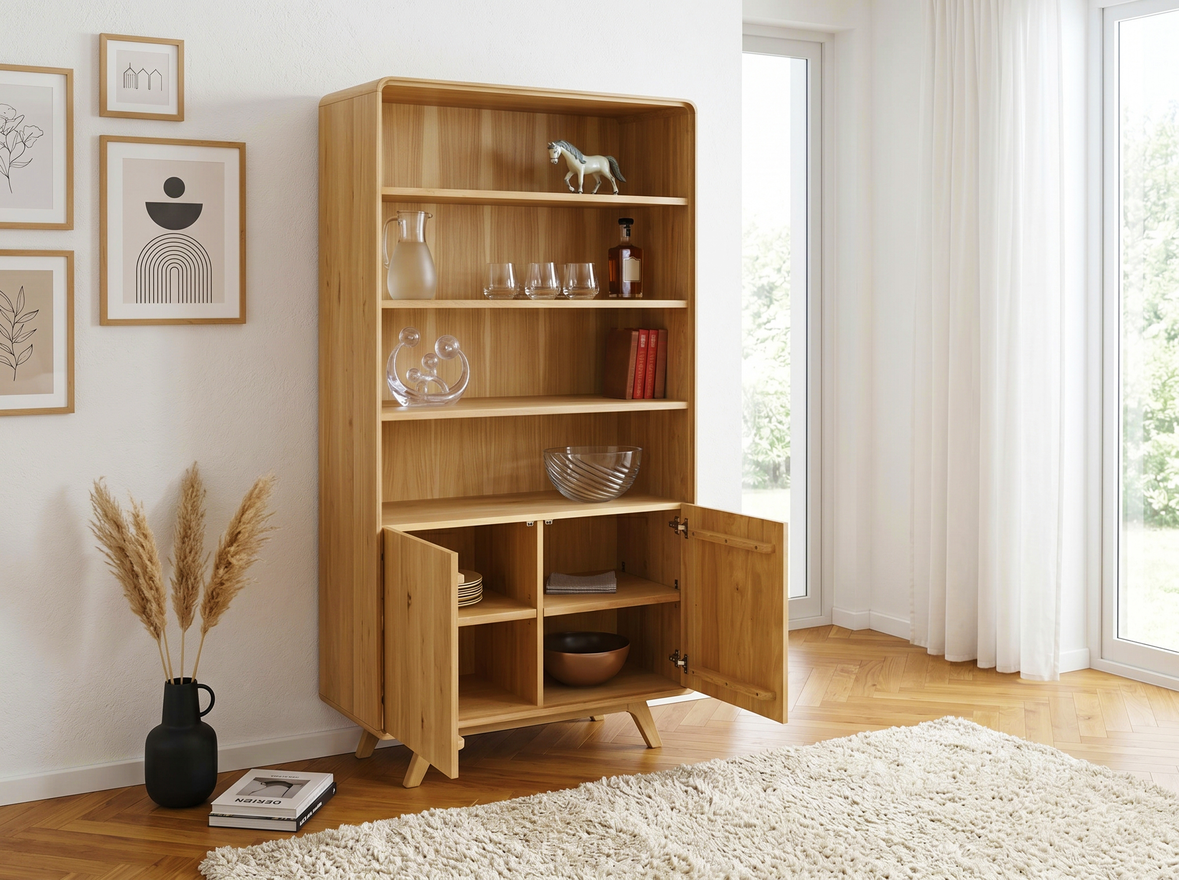 Dubový regál Avalon so 4 otvorenými policami a 2 dvierkami soft-close