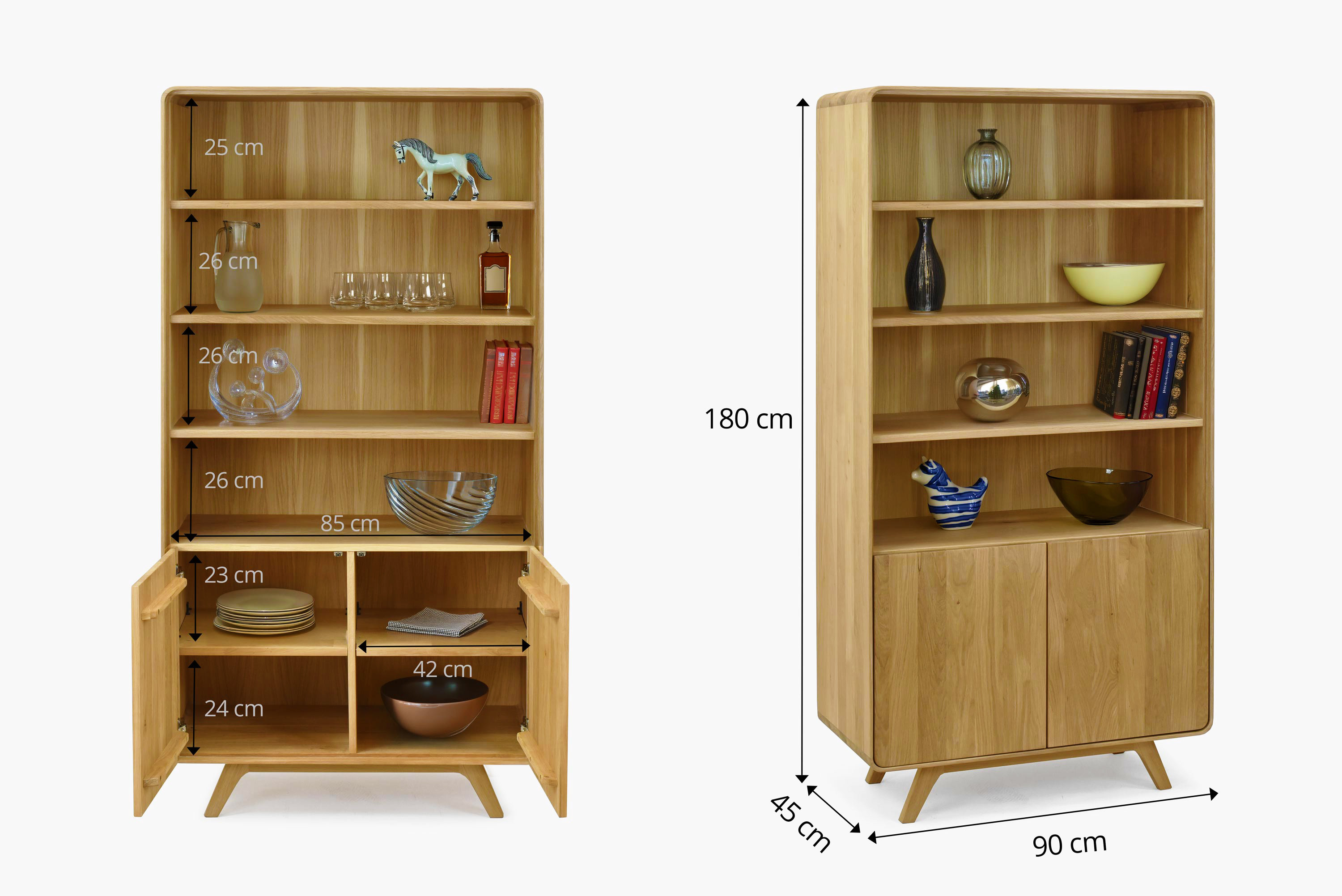 Masívny dubový regál Avalon 90 x 45 x 180 cm - rozmery a technický nákres