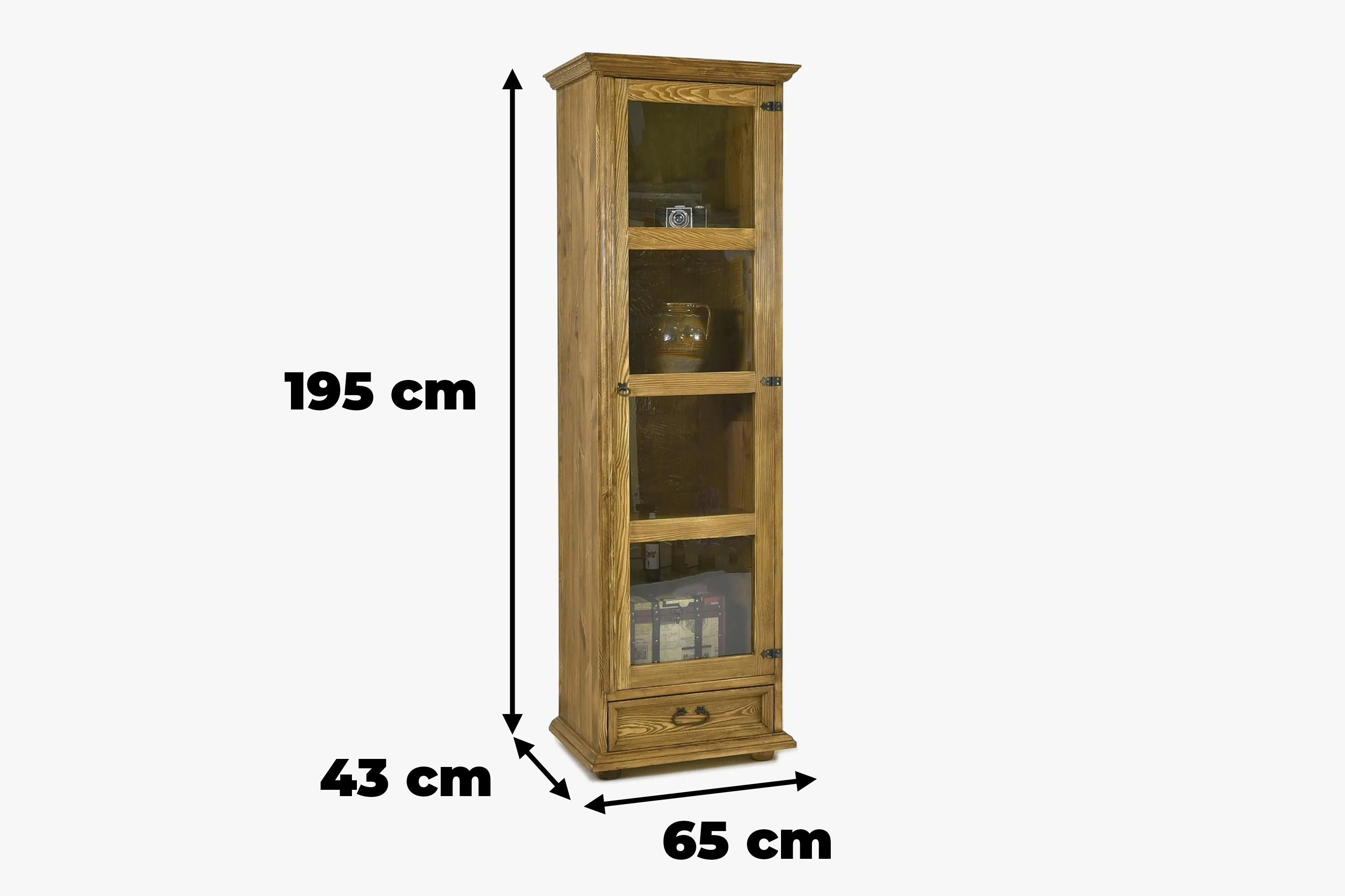 Rozmery rustikálnej vitríny z masívu – výška 195 cm, šírka 65 cm, hĺbka 43 cm