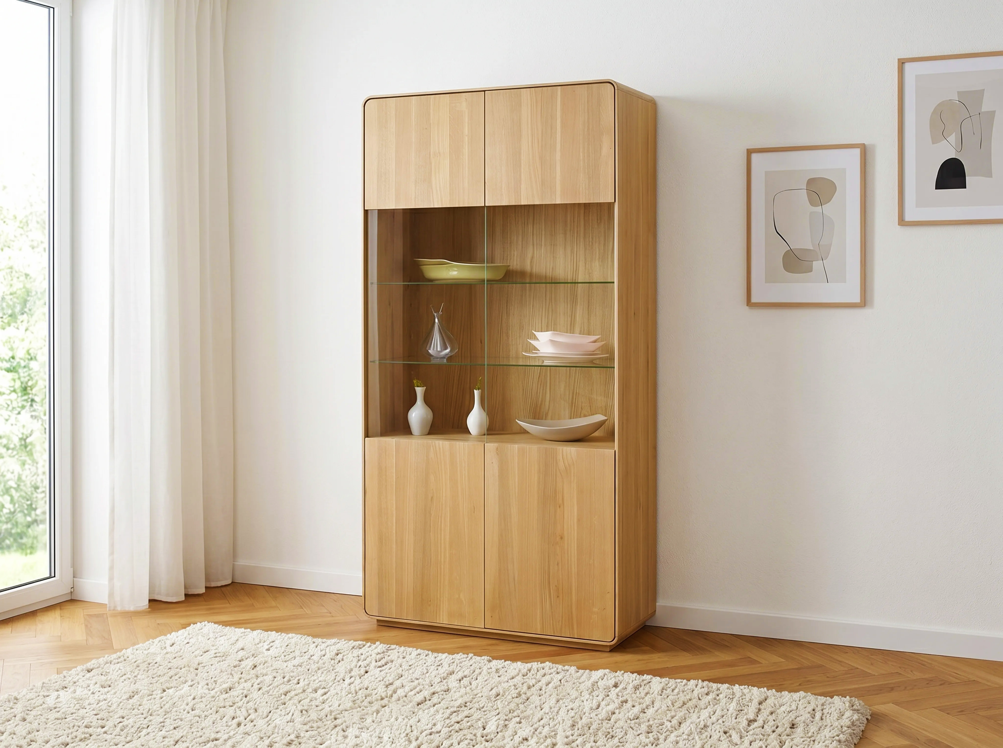 Dubová vitrína Avalon 2-dverová s presklenou stredovou časťou a soft-close