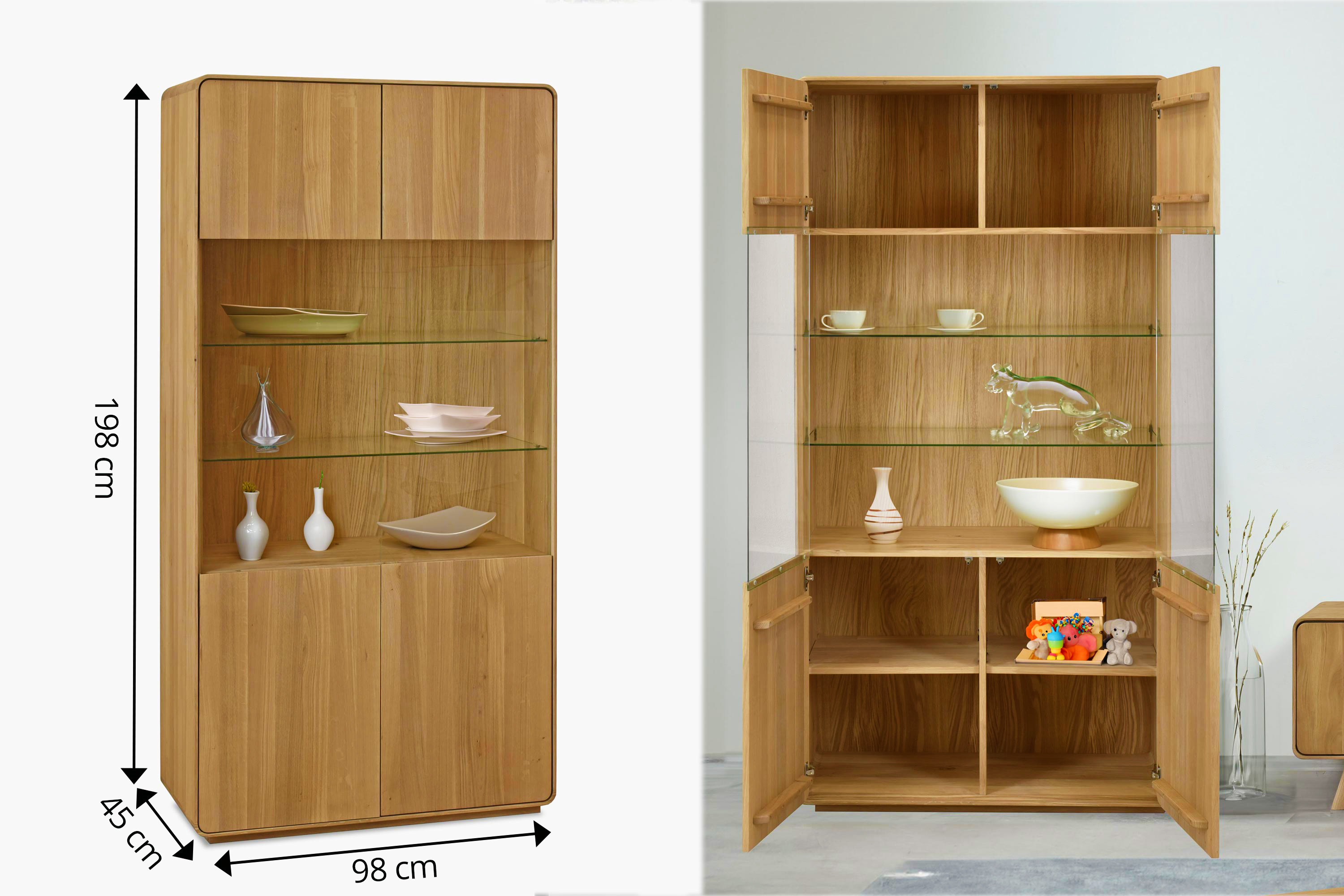 Masívna dubová vitrína Avalon 98 x 45 x 198 cm - rozmery a technický nákres
