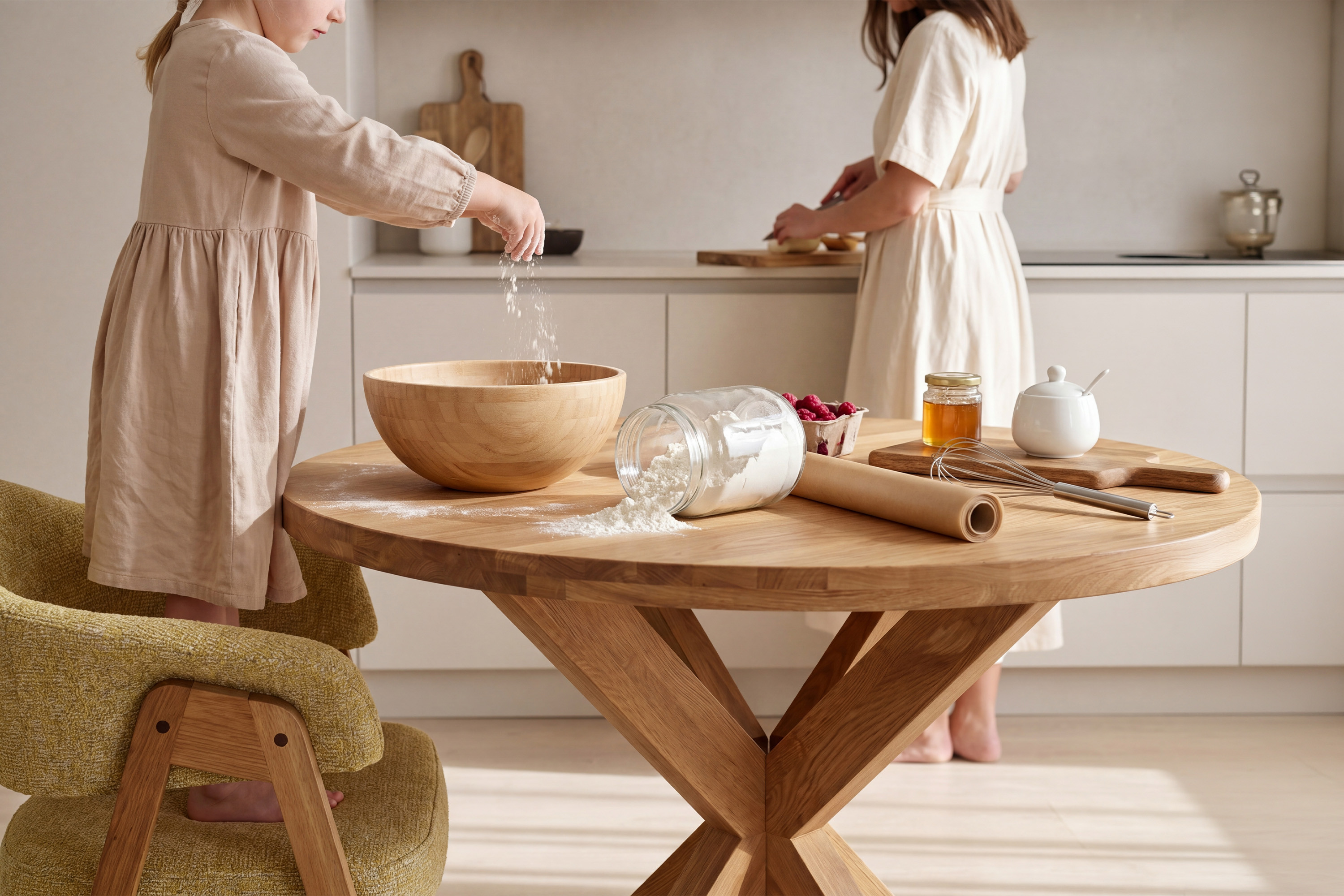 Dubová stolička Mona v žltej farbe v kombinácii s dubovým stolom York