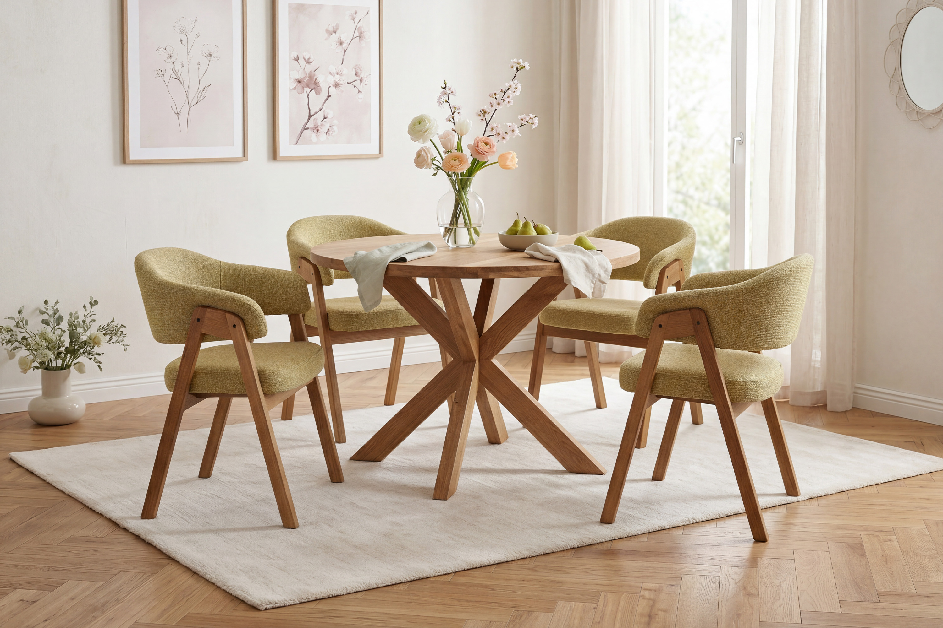 Dubová jedálenská stolička Mona s podrúčkami v žltom čalúnení