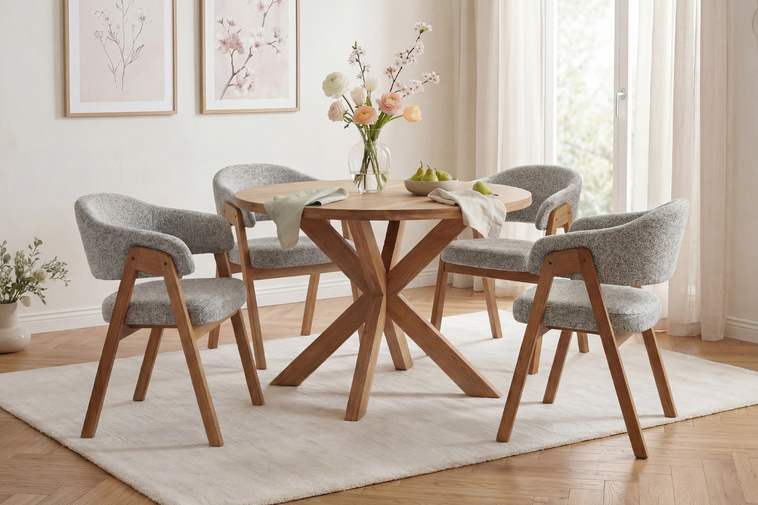 Sivá dubová jedálenská stolička s područkami v interiéri pri dubovom stole York