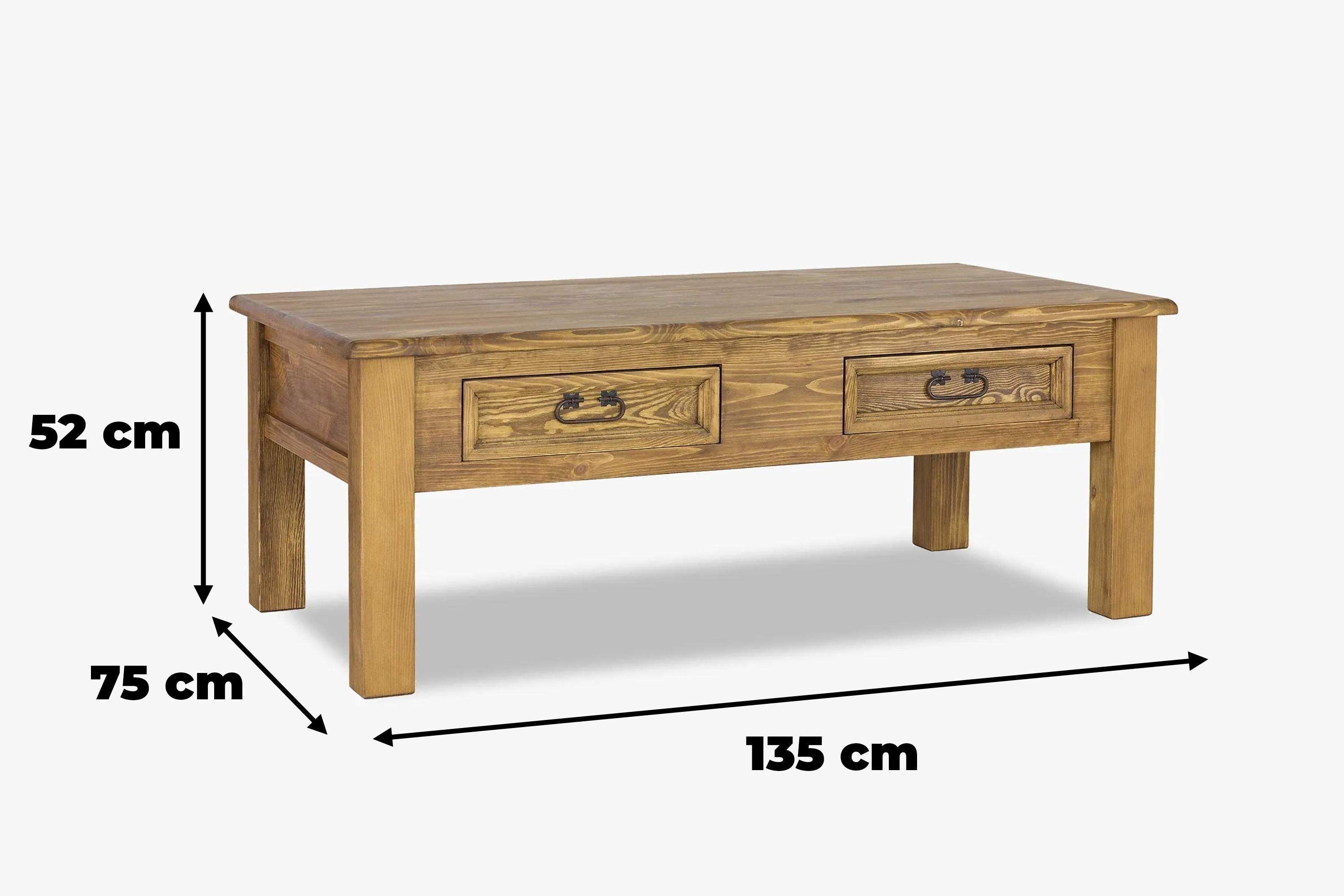 Rozmery rustikálneho konferenčného stolíka z masívnej borovice – šírka 135 cm, hĺbka 75 cm, výška 52 cm