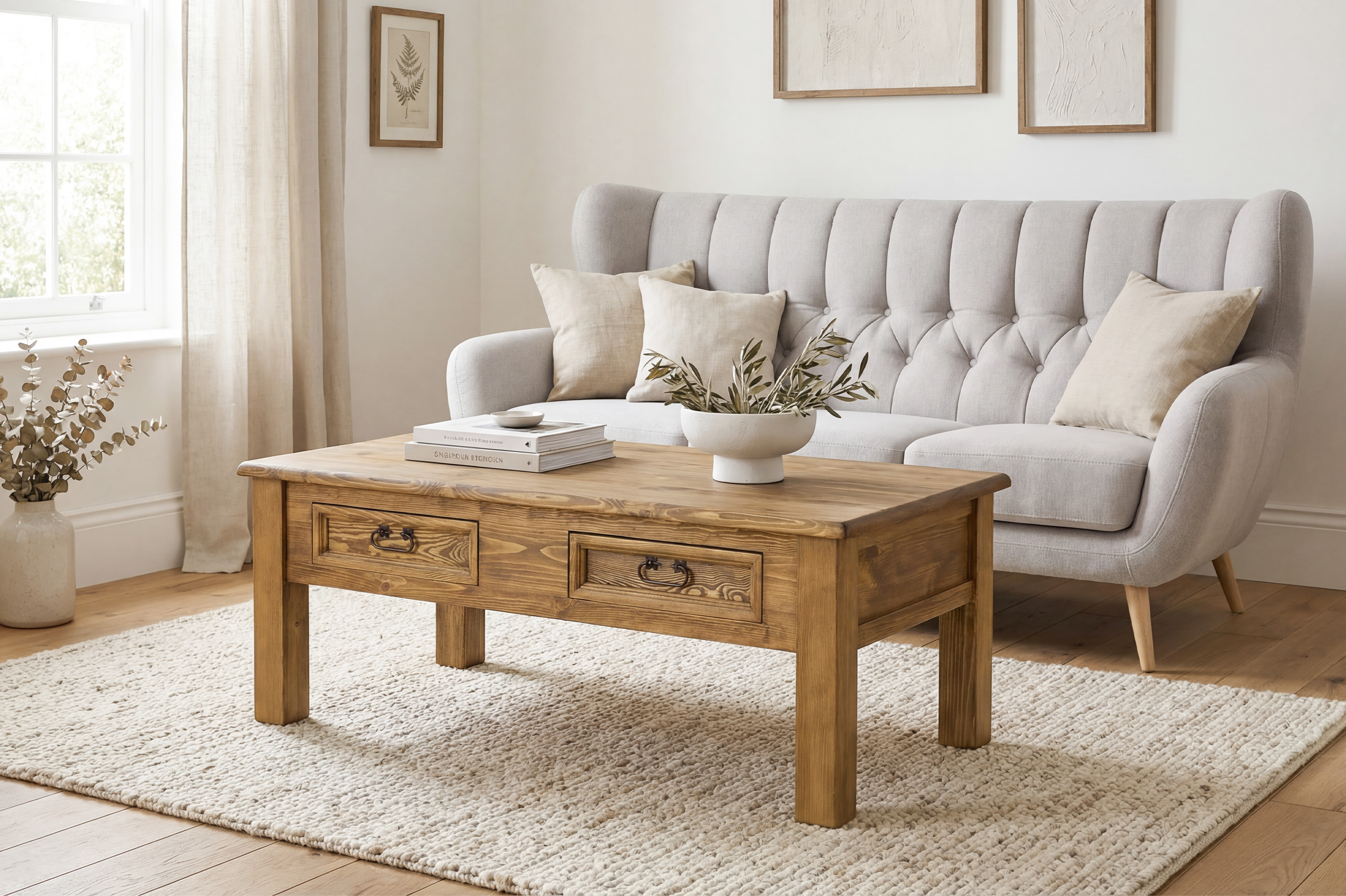 Rustikálny konferenčný stolík a za ním retro sedačka Kelso