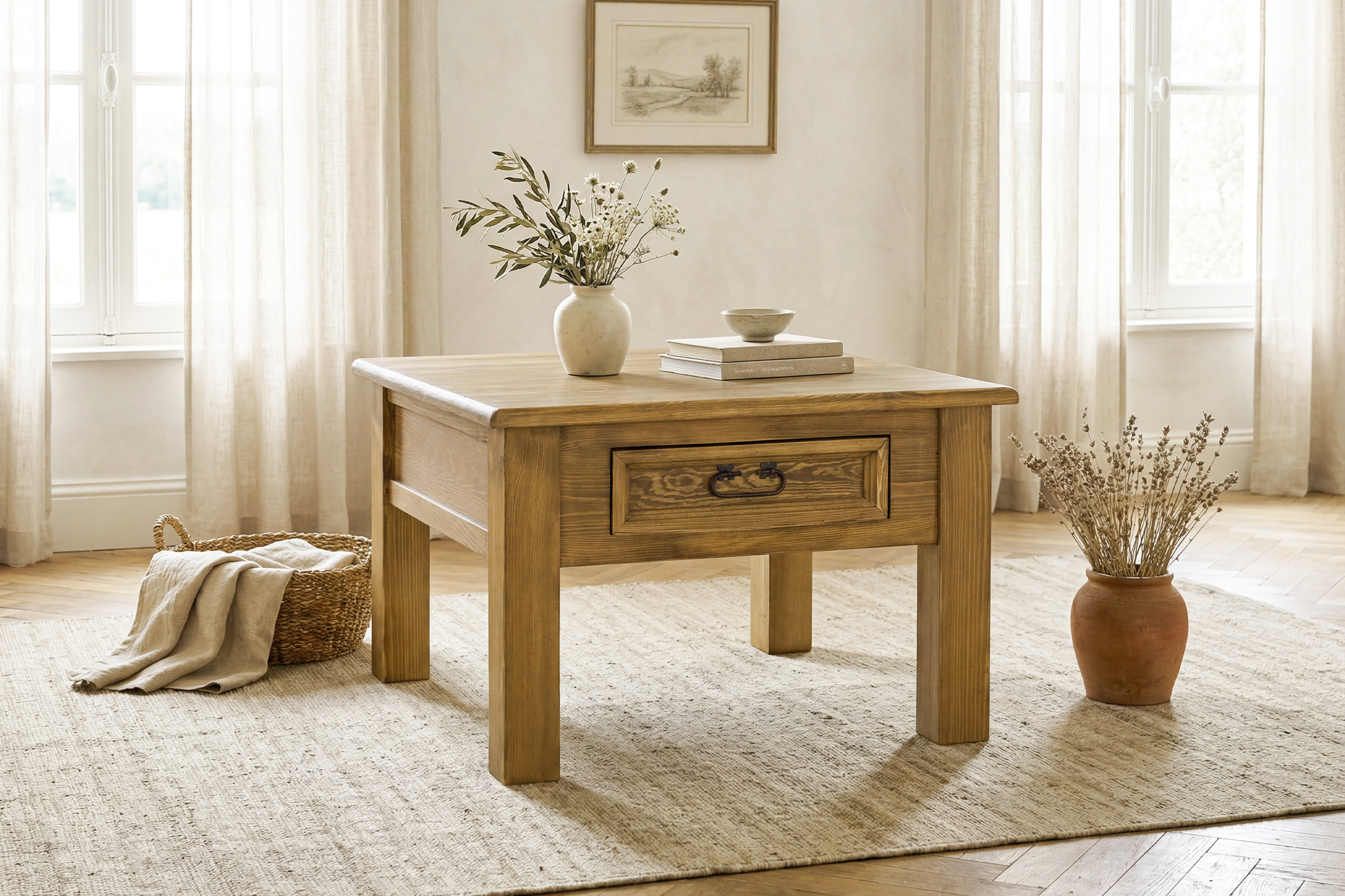 Rusztikus fenyőfa kávézóasztal francia stílusban