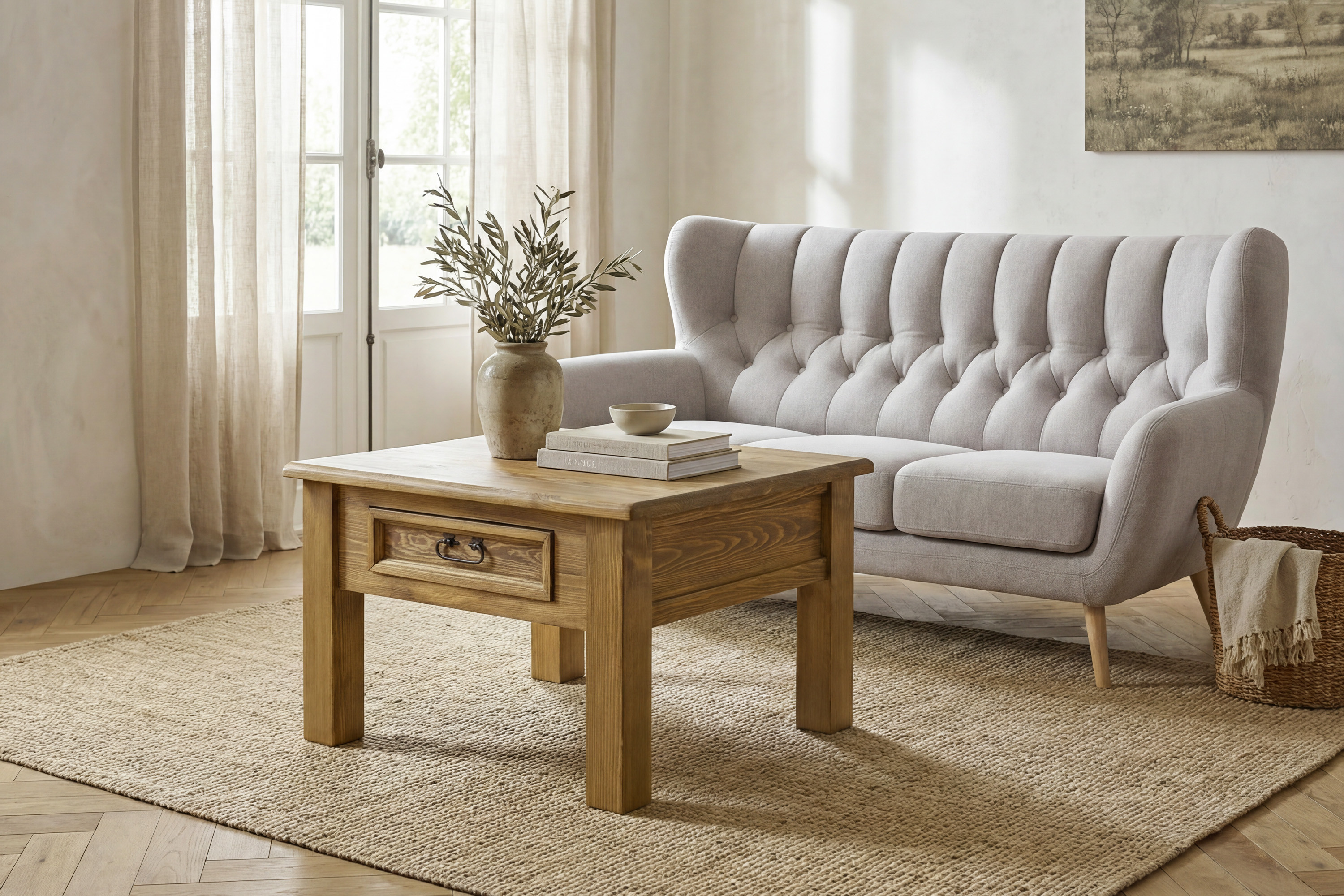 A tömör fenyőfa részlete és a rusztikus dohányzóasztal fiókjai