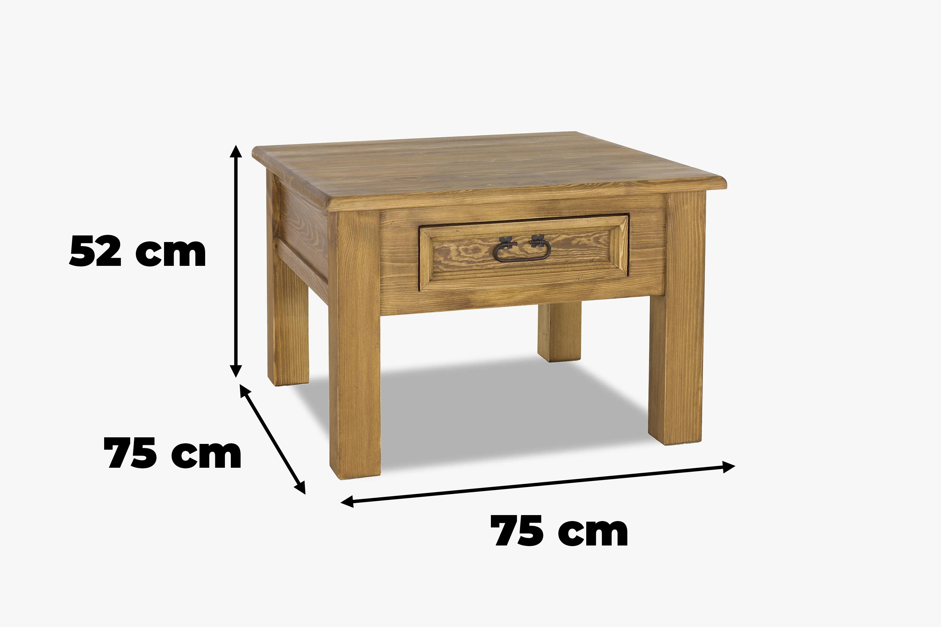 A rusztikus tömör fenyőfa kávézóasztal méretei – magasság 52 cm, szélesség 75 cm, mélység 75 cm