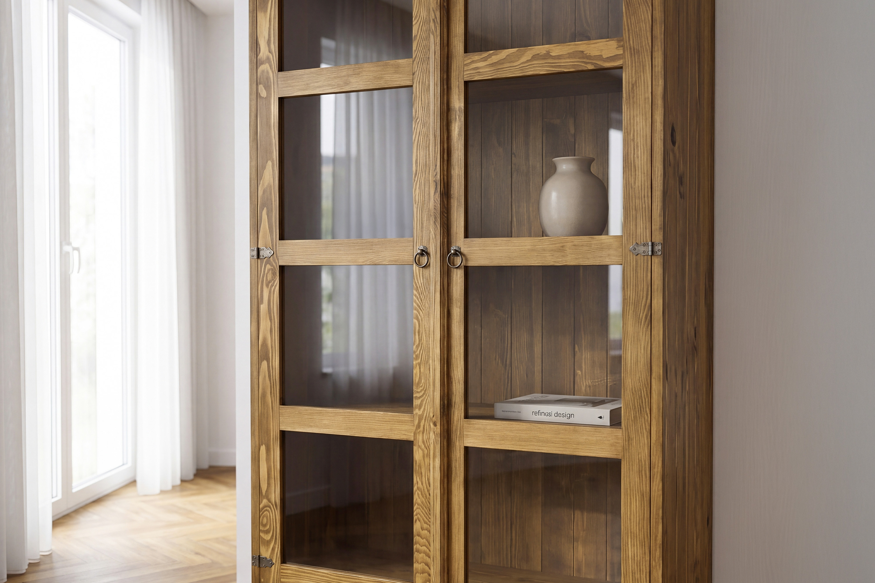 Vysoká vitrína s presklenými dvierkami a zásuvkou do obývacej izby alebo jedálne