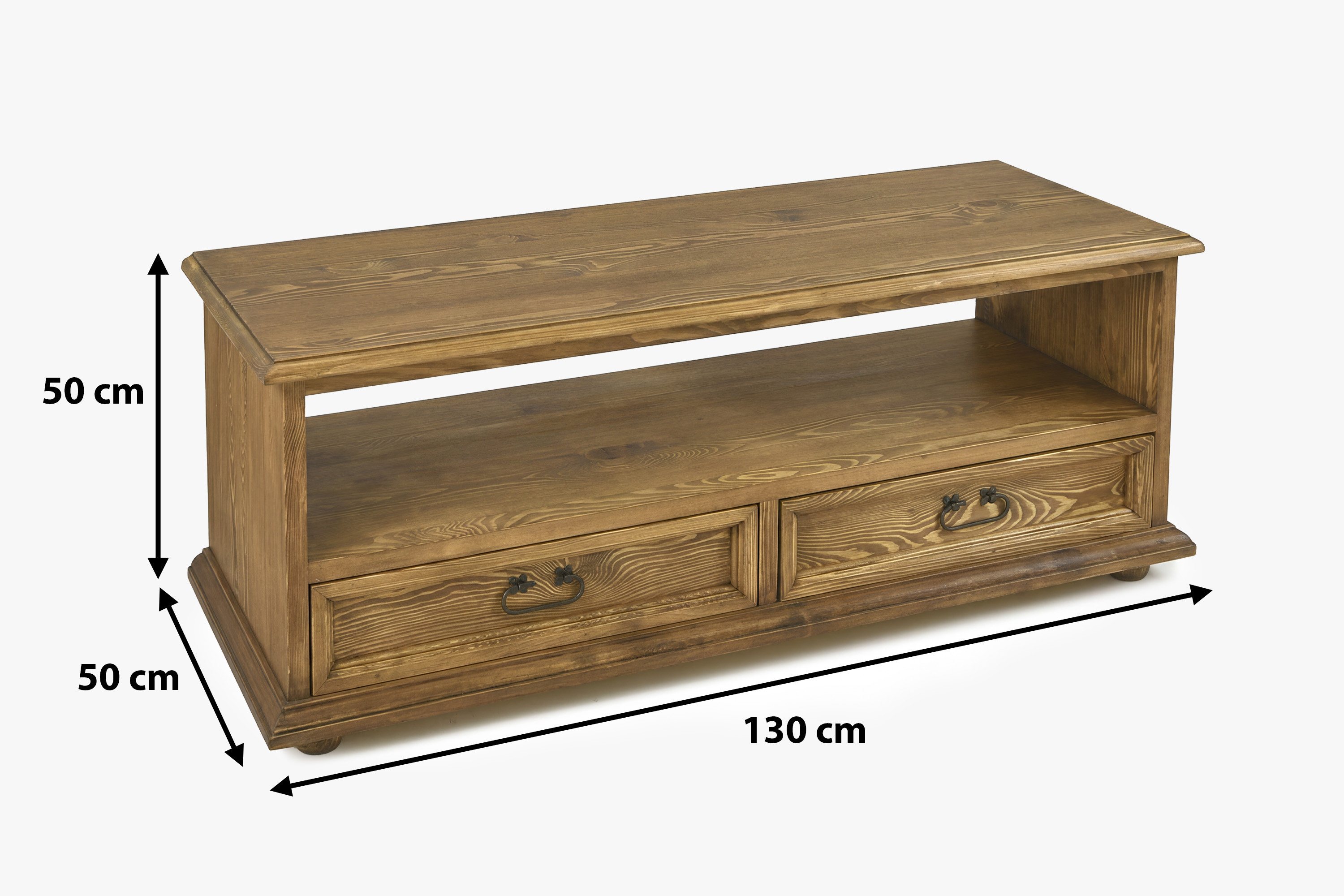 Rozmery rustikálnej TV komody Venkov – šírka 130 cm, výška 50 cm, hĺbka 50 cm