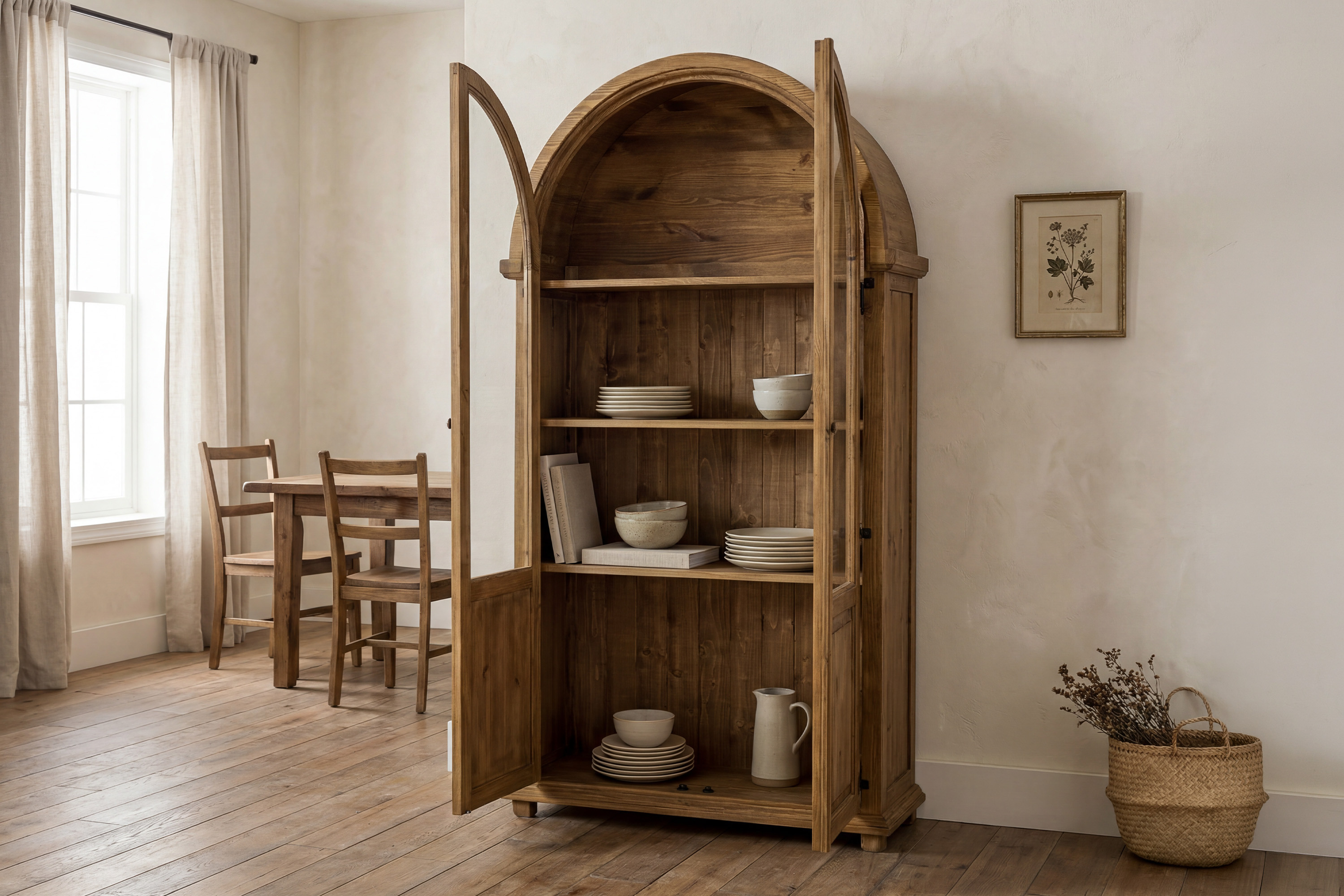 Vysoká vitrína s presklenými dvierkami do obývačky a jedálne