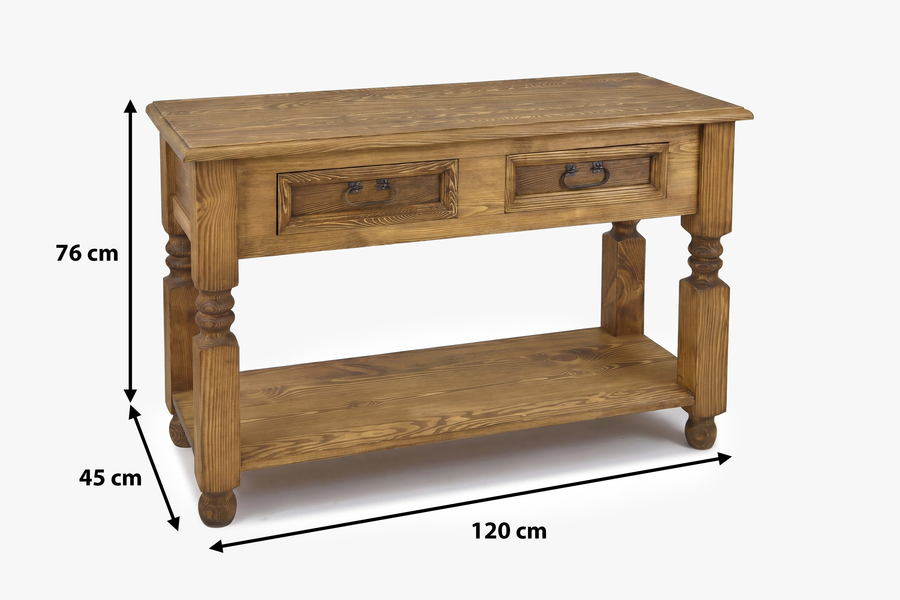 Rozmery príručného stolíka do jedálne – výška 76 cm, šírka 120 cm, hĺbka 45 cm