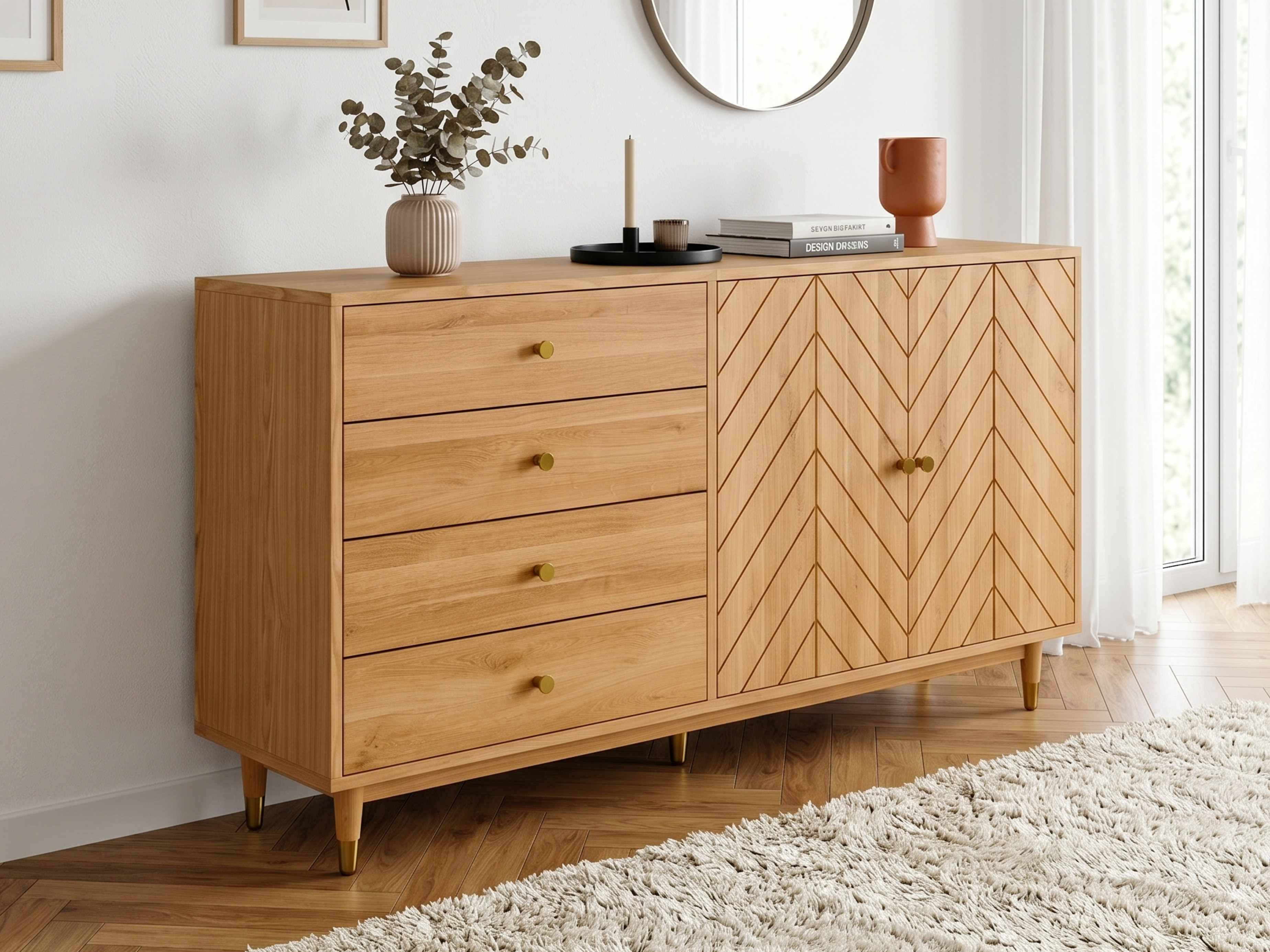 Dubová komoda so 4 zásuvkami a dvierkami v elegantnom prírodnom prevedení