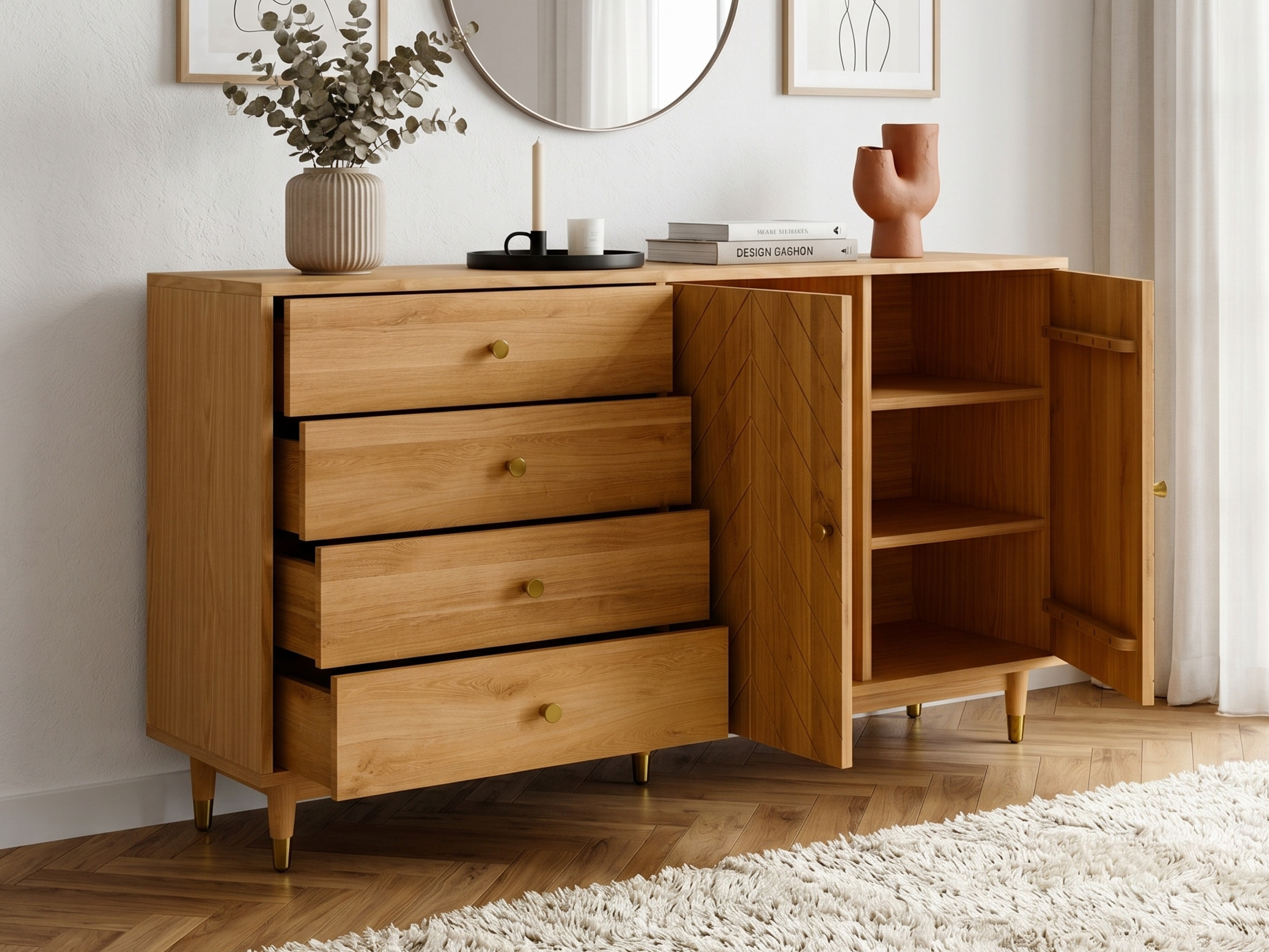 Komoda z dubu s frézovanými dvierkami vo vzore rybej kosti a zlatými detailmi