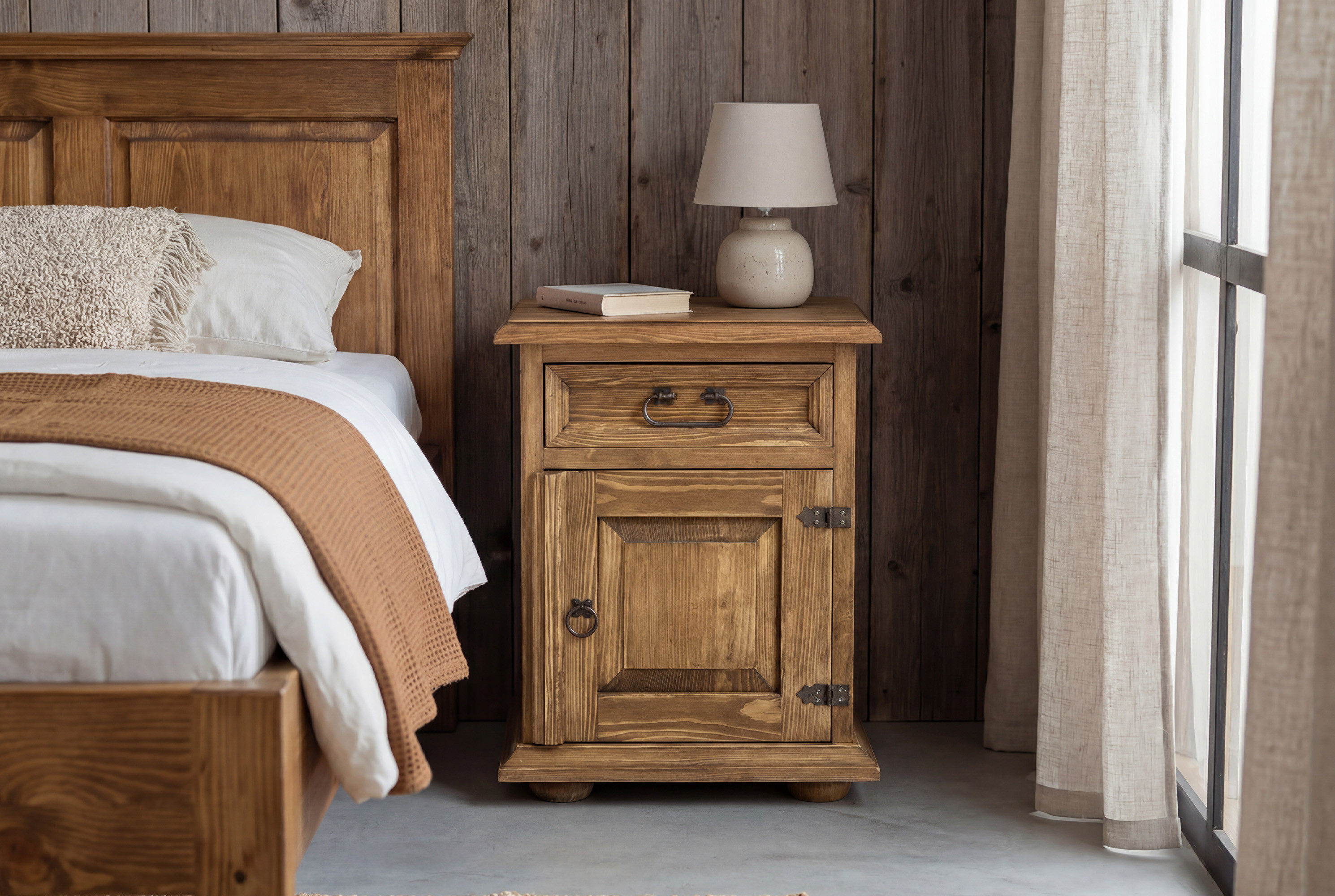 Nočný stolík vo vidieckom štýle z masívnej borovice