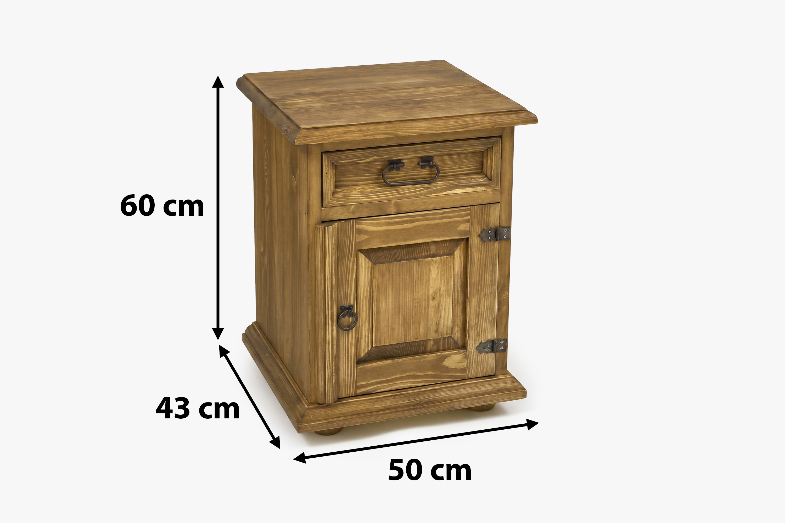 Rozmery nočného stolíka vo vidieckom štýle – výška 60 cm, šírka 50 cm, hĺbka 43 cm