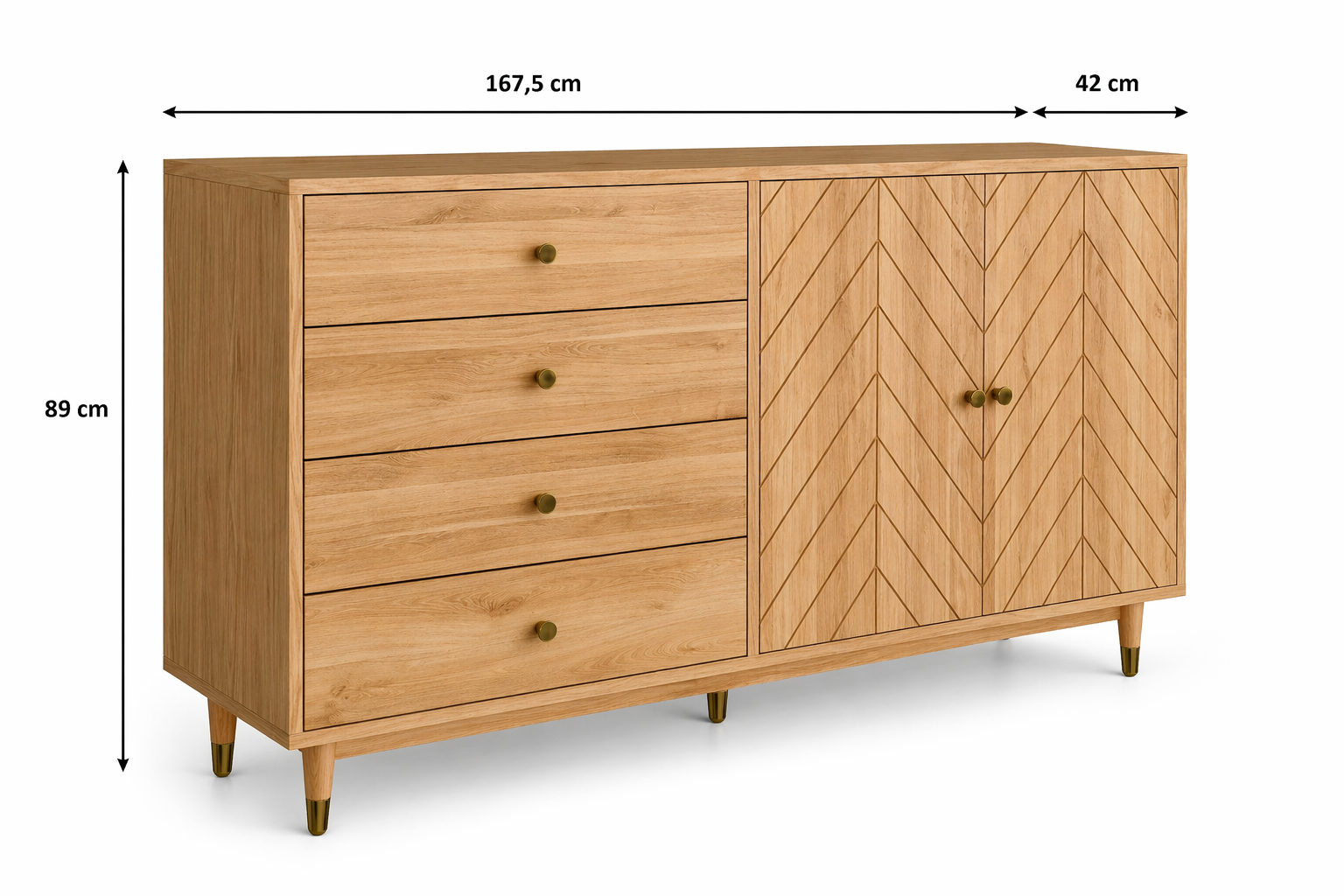 Rozmery dubovej komody – šírka 167,5 cm, výška 89 cm, hĺbka 42 cm